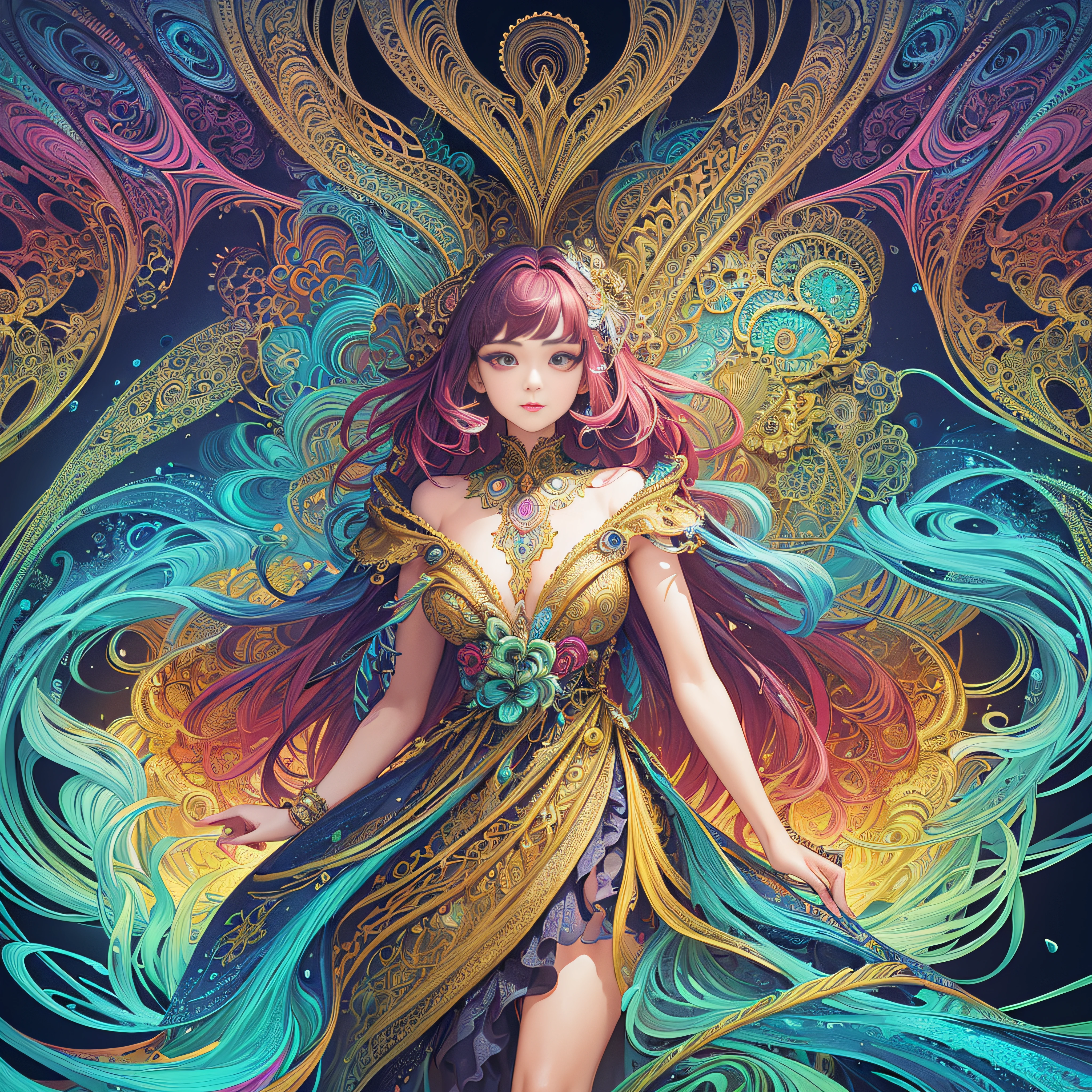 (masterpiece, Highest quality, Highest quality, Official Art, beautifully、aesthetic:1.2), Very detailed,Fractal Art,(colorful:1.5),Most detailed,Tangled, close,
(One girl:1.5), alone, (Dynamic pose), (Abstract background:1.5), (Glowing Skin),