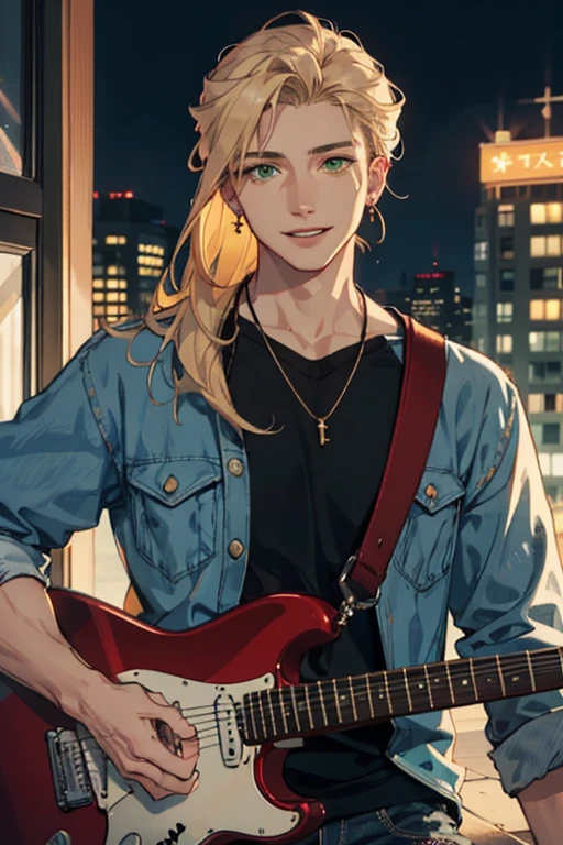 masterpiece, best quality, 1 male, adult, golden blonde hair, musician, soft features, grinning expression, green eyes, soft eyes, ((mid length hair)), uhd, perfectly photorealistic, ((modern)), ((modern clothing)), city background, (playing electric guitar), city background, playful boy, long jeans, cozy, pretty boy, (loose clothing), happy expression, soft lighting, upper body focus, detailed eyes, detailed face, red and black color scheme, ear piercings, beaded necklace, ((lose clothing)), close up, soft features, muscular build, soft masculinity, round face, orange lighting, (evening), sunset, romantic lighting, ((loose flanel))