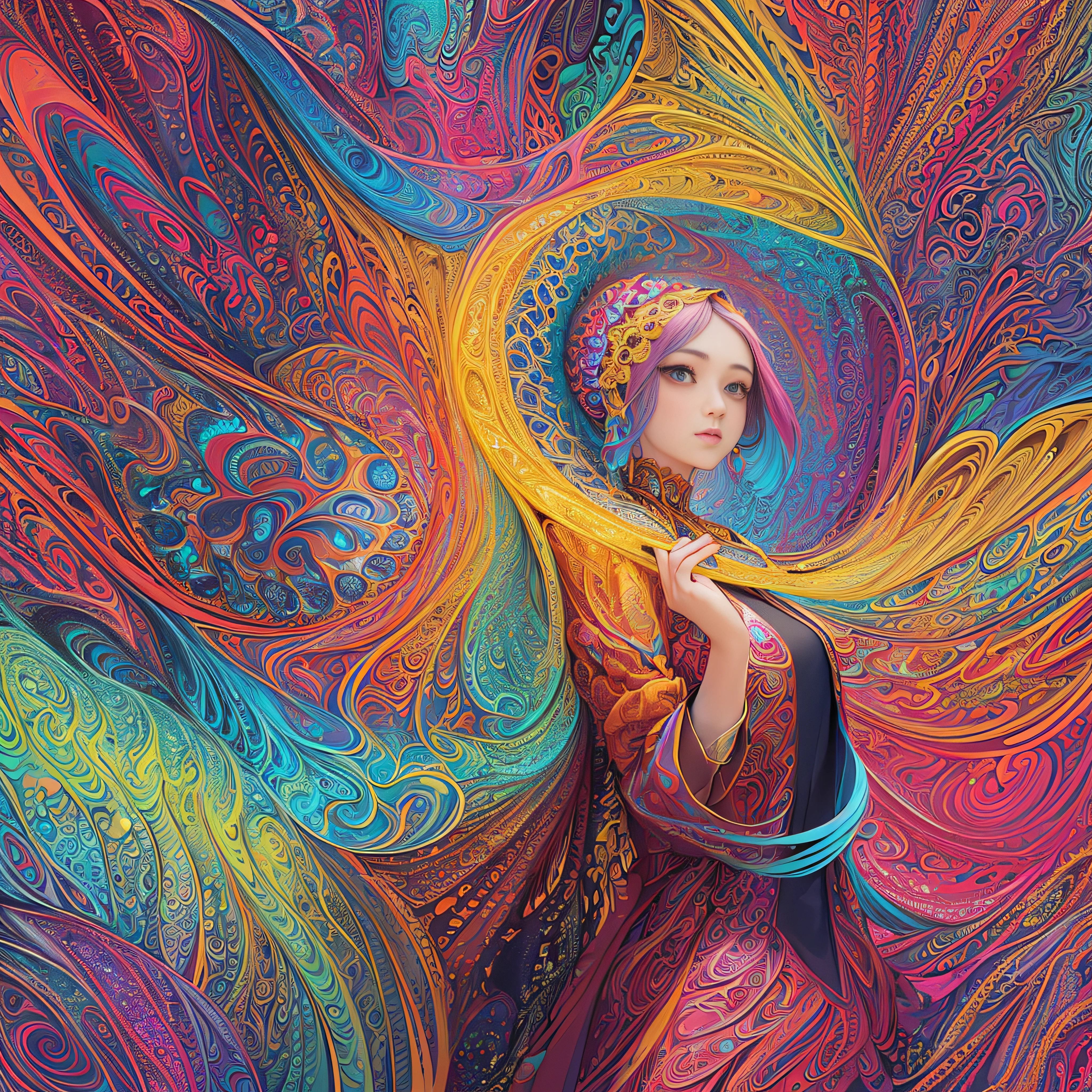(masterpiece, top quality, best quality, official art, beautiful and aesthetic:1.2), (1girl:1.3), extremely detailed,(fractal art:1.2),colorful,highest detailed,(zentangle:1.2), (dynamic pose), (abstract background:1.5), (treditional dress:1.2), (shiny skin), (many colors:1.4), upper body