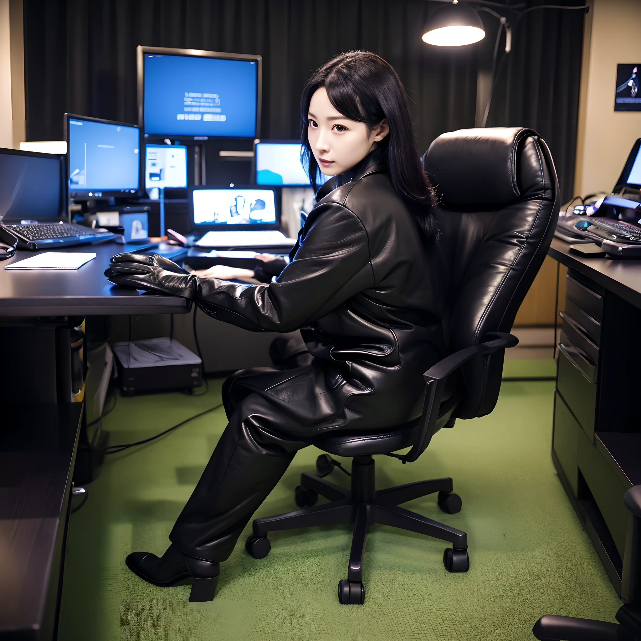 Wearing a black business pantsuit, Office in the Dark, facing a desk、While looking at the screen, tap the keys on the black laptop keyboard with the fingertips of the black leather gloves,Sitting on a large chair with a black leather backrest、 Black hair was tied back for a long time, Japan Female New Employees (Black leather gloves cover both hands) (The angle is frontal)、Black leather long boots