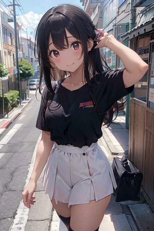 cute gurl, black hair, white tank top, black skirt, really long black hair, standing in city, backpack, hourglass figure, smiling, confident, early twenties