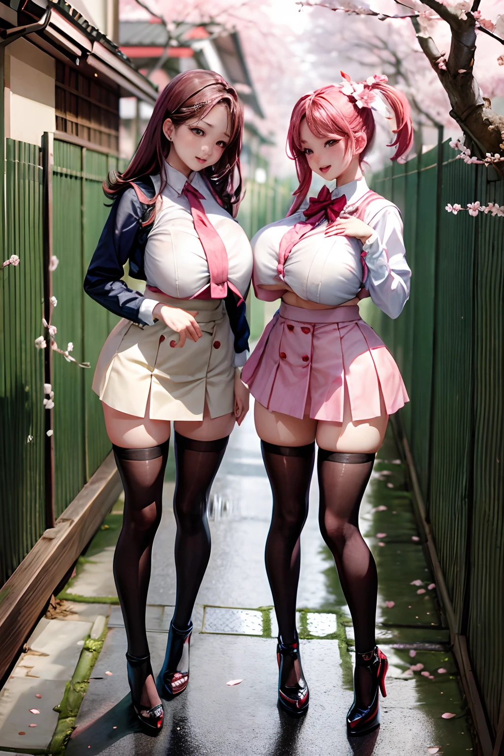 (Cherry blossom:1.2) And Street, 2 busty women on the street, looking at the cherry blossoms, full body shot, giga_busty