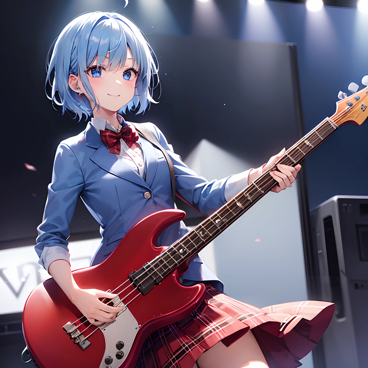 one girls、concert hall、short-hair、pale blue hair、blue eyess、blazers、(Plain white shirt)、(red bowtie)、(Red plaid skirt)、Black stockings、A smile、red tide、hightquality、best qualtiy、Playing bass guitar、perspiring