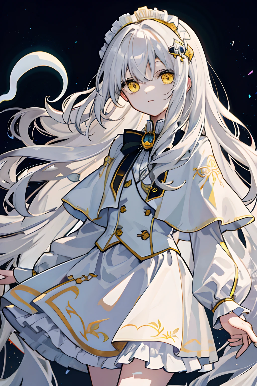 Long white slightly curly hair,Yellow eyes,glomy,Castle,rosette,white skirt,ghost, ghost, magic, Delicate hair accessories