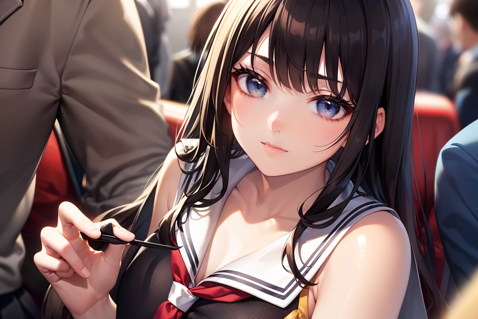 (Best Quality)), (Masterpiece), (Sharpness),32k, (Best Quality Depiction), (Best Quality), Art, Detailed and Detailed CG, Detailed Human Body, Perfect Lighting, (Perfect Anatomy), (Full Body Depiction Without Breakdowns), Golden Ratio, Perfect Woman, Light Makeup: 1.1, ((Slender 18-year-old girl)), (Detailed and Detailed Beautiful Face,Eyes), ( Beautiful skin with lustrous density and detail), (cuticle hair, straight, long, black hair), Sailor suit, Pleated skirt above the knee: 1.3, (In a crowded train: 1.9, Passengers surrounding her: 1.6)