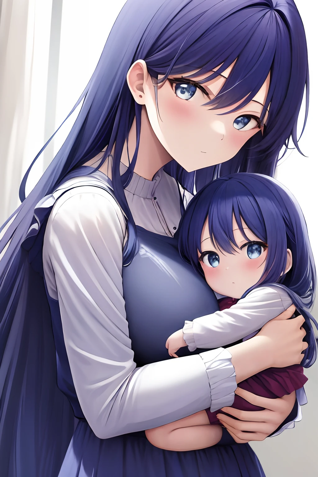 masterpiece, best quality, highres, 1girl, Mother holding 2 babies , long blue hair , starry-eyed