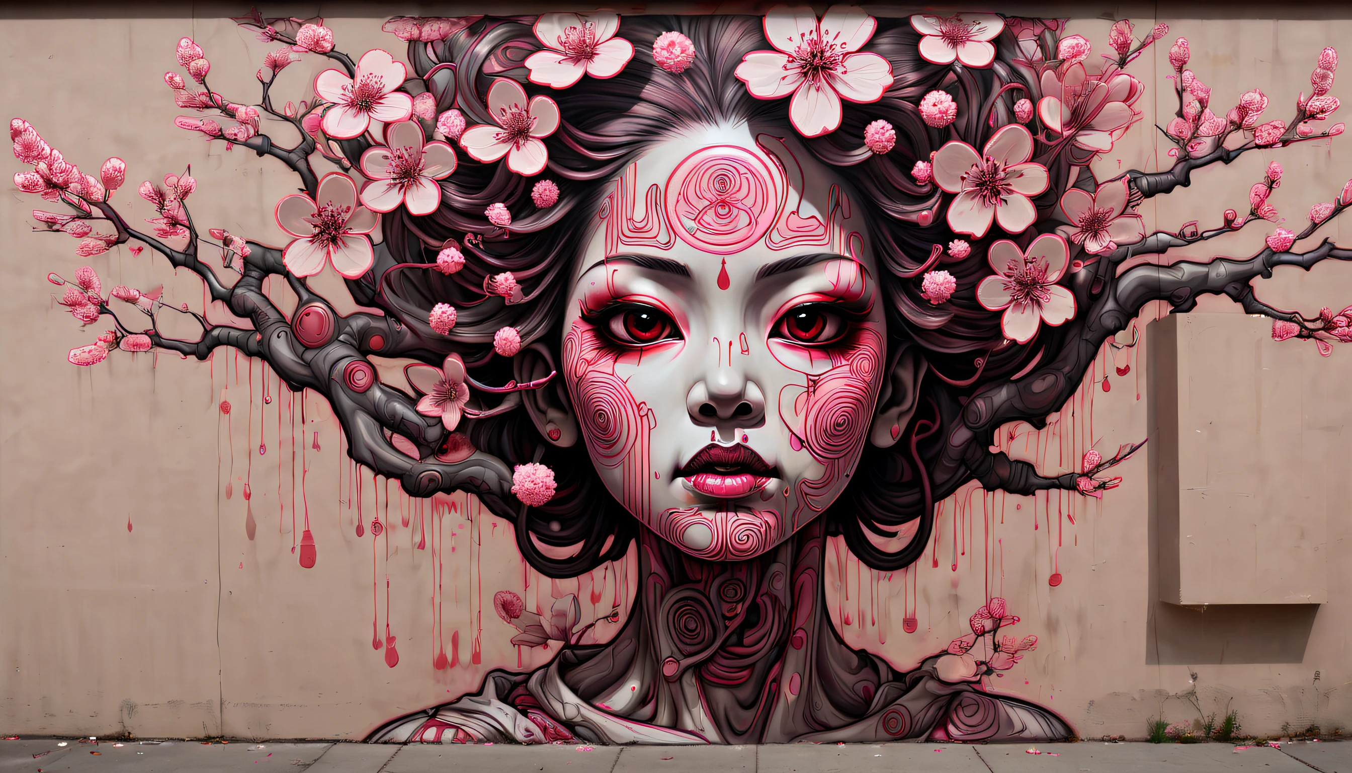 Hyperdetailed fuzzy-logic street art by (swoon : nychos: .5) entitled ("Cherry Blossom Night Queen"), (koan), matte, understated, (meditative: 1.2), (harmonic), cerebral, (interconnected), (introspective), psyche, balanced and reciprocal, recursive, super-symmetry, [labyrinth], concept