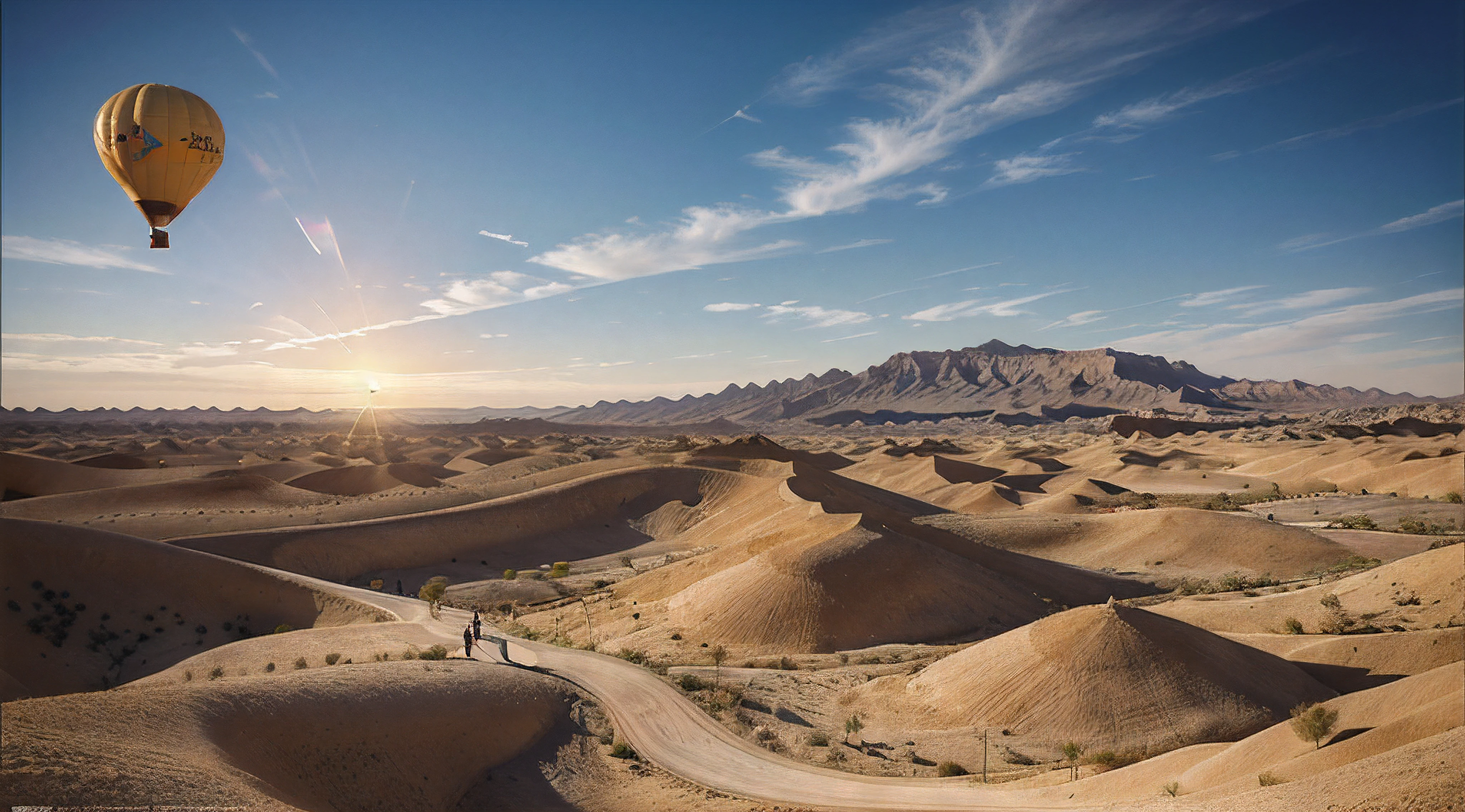The background is a barren desert,A close-up of a poster,There are three people standing in the middle of the frame,Holding a heart-shaped balloon in his hand,high-quality photo,Love and hope, Persian movie prices, Public welfare activity style, A hopeful style of painting, The rising sun, film Silk Road landscape, movie promo, golden mountain in the desert, Official poster, 8k --height 768, disney weta 8 k,Realiy,hyper realisitc