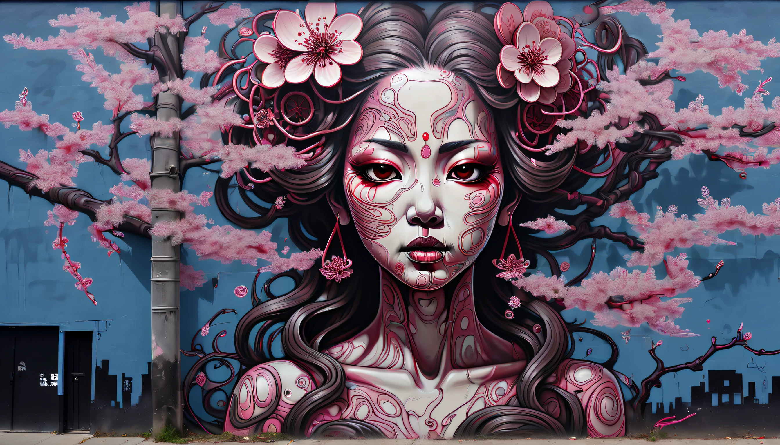 Hyperdetailed fuzzy-logic street art by (swoon : nychos: .5) entitled ("Cherry Blossom Night Queen"), (koan), matte, understated, (meditative: 1.2), (harmonic), cerebral, (interconnected), (introspective), psyche, balanced and reciprocal, recursive, super-symmetry, [labyrinth], concept