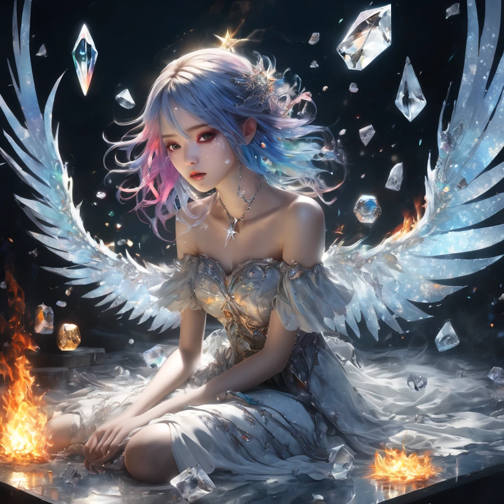 1girl in, Detailed organ die dress, Sitting, burning hair,Crystal texture hair, rainbow-colored hair, watercolor paiting_(Medium), Large top sleeve,Floating white silk,without shoes, Star hair ornament, Many ice cubes surround the girl,Ice and fire melt, Detailed dice, Wings with ice crystal texture,Spark, burning, Burn yourself with flames,Bare knees, Snowflake, Burning sky, Gunpowder smoke, Ice floating in the air, Hell on Earth, floating glass fragments,hiten, extremely delicate and beautiful girl, Gothic architecture,, ambient lights, Beautiful detailed glow, Ray tracing,cinematiclighting, Reflective hair, Beautiful detailed eyes, very detail hair, beautiful hairl, Floating hair, wind lift,Details Cute Anime Face, extremely delicate and beautiful,Best Illustration, Best Quality, Highly detailed, Illustration, Extreme body details, the Extremely Detailed CG Unity 8K Wallpapers,extremely delicate and beautiful, the same size of the eyes, Gorgeous, Broken glass,magic cirlcle,Beautiful detail white gloves, fire,Bare shoulders, depth of fields, Cowboy Shot,, (masutepiece,Best Quality:1.5)