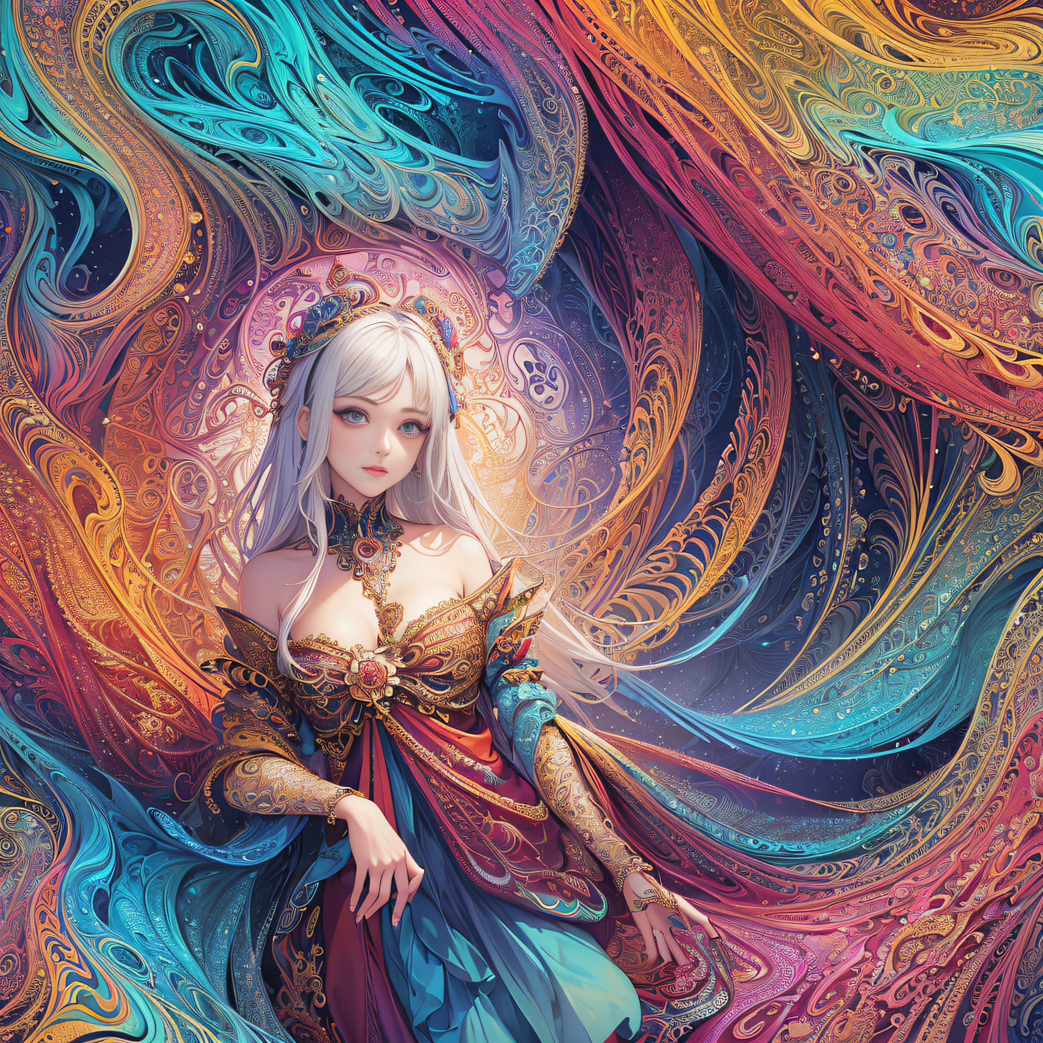 (masterpiece, top quality, best quality, official art, beautiful and aesthetic:1.2), (1girl:1.3), extremely detailed,(fractal art:1.2),colorful,highest detailed,(zentangle:1.2), (dynamic pose), (abstract background:1.5), (treditional dress:1.2), (shiny skin), (many colors:1.4), upper body