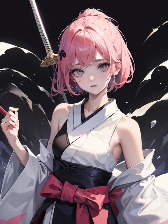 1 girl in、a beauty girl、girl with、Black kimono、odd eye、There is a wound on the right cheek、Girl with a sword、A detailed face、high-level image quality、simple background、white backgrounid、Dead attire、Plain kimono、Stand up straight、from waist up、Hakama、Simple hairstyle、shinigami、A pink-haired、bob cuts、graceful girl、ren、Fight with the sword、moonlights。Peach-colored hair、Jet black kimono、Crying face、Blue and gray eyes、Sleeveless、shorth hair
