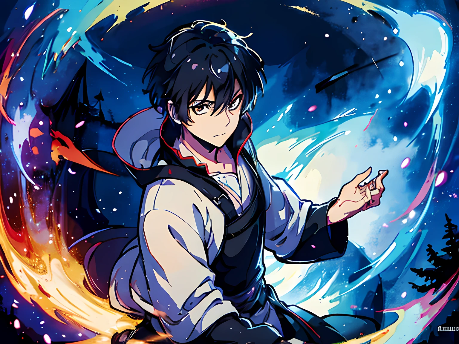 1 man, mage swordsman, beautiful eyes finely detailed, short black hair, wearing aristocrat style outfit, casting a strong spell from his sword, (Masterpiece:1.2), (Best Quality), Detailed, UHD, Cinematic Lighting, sharp focus, (illustration:1.1), intricate, 8k CG, perfect artwork, (half body:0.6), detailed background, witch, magical atmosphere, colorful glowing magic spell in the air, swirling portal, dark magic, (style-swirlmagic:0.8), floating particles, dark sinister forest background, updraft, backlighting,