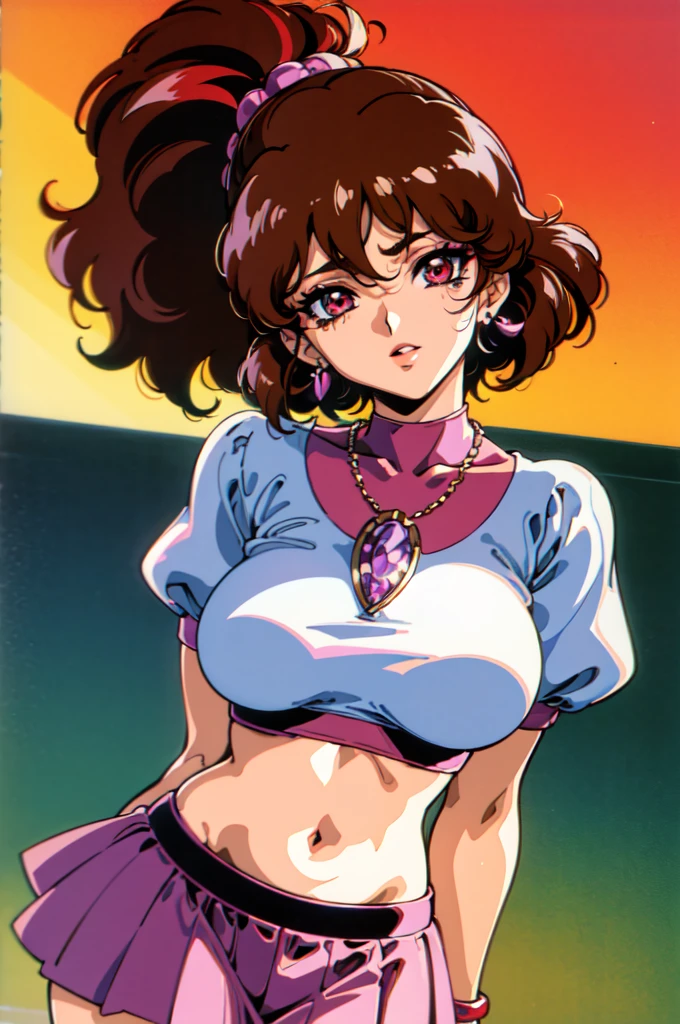 "(masterpiece:1.1), best quality, 
1girl, gyaru, (80s anime style:1.4), 
brown hair, 
(hair between eyes:1.1), (ponytail:1.1), 
red eyes, 
(slim body:1.2), 
(gigantic breasts:1.1), 
(gothic makeup, red lip stick, eye shadow:1.1), 
light smile, 
school uniform, skirt, midriff peek, 
bracelet, crystal earrings, necklace, streaked hair, 
standing, dynamic pose, 
upper body, 
classroom"