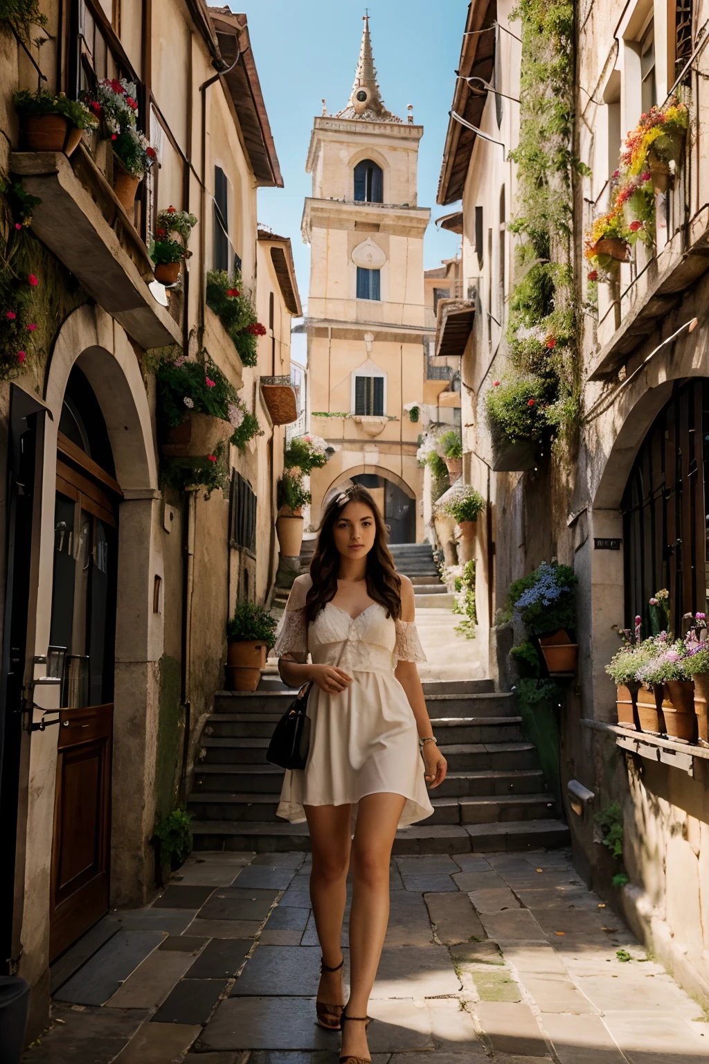 (a young woman walking through the alleys of Genoa),oil painting,beautiful detailed eyes,beautiful detailed lips,extremely detailed eyes and face,long eyelashes,traditional Italian dress,exploring the winding streets,charming old buildings,colourful facades,classic cobblestone paths,narrow passageways,authentic architecture,traditional balconies overflowing with flowers,impressive archways and doorways,sunlit corners and shadows,bustling local markets,bustling local markets,breathtaking views of the Ligurian Sea,seagulls flying in the distance,delightful sounds of bustling cafes,inviting aroma of freshly brewed coffee,majestic church towers,ancient stone staircases,hidden courtyards and gardens,whispers of history echoing through the narrow streets,bustling atmosphere of Genoa's vibrant culture,impressive heritage and rich artistic tradition,mastery of light and shadow,impressionistic brushstrokes,vibrant color palette,attention to texture and detail,(best quality,4k,8k,highres,masterpiece:1.2),ultra-detailed,realistic:1.37,portraits,fine art,Italian Renaissance influence,soft and warm color tones,subtle play of light and shade,exquisite use of chiaroscuro,seamless blend of natural and artificial lighting.