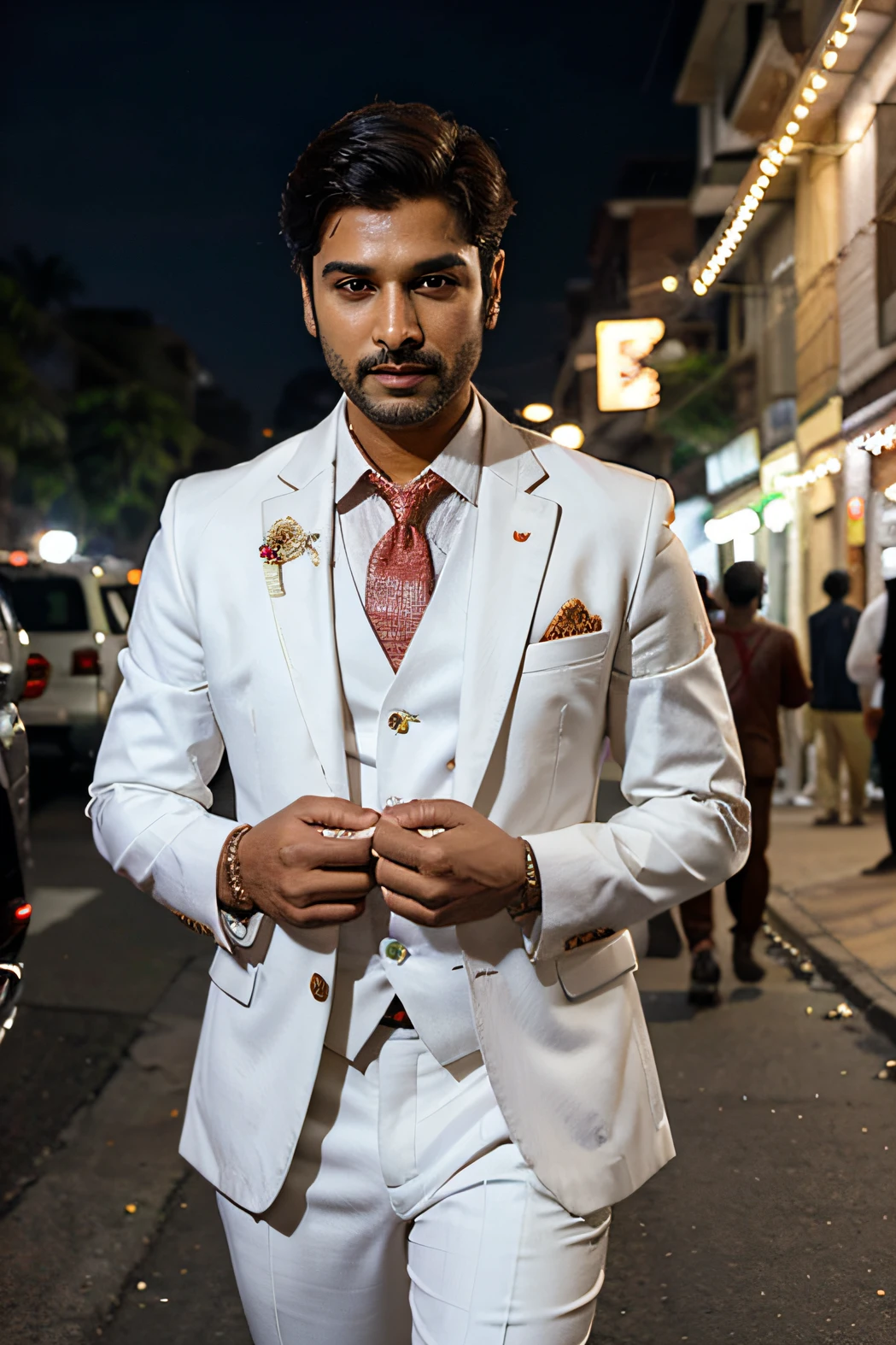 a man in decorated diwali street wearing white suits