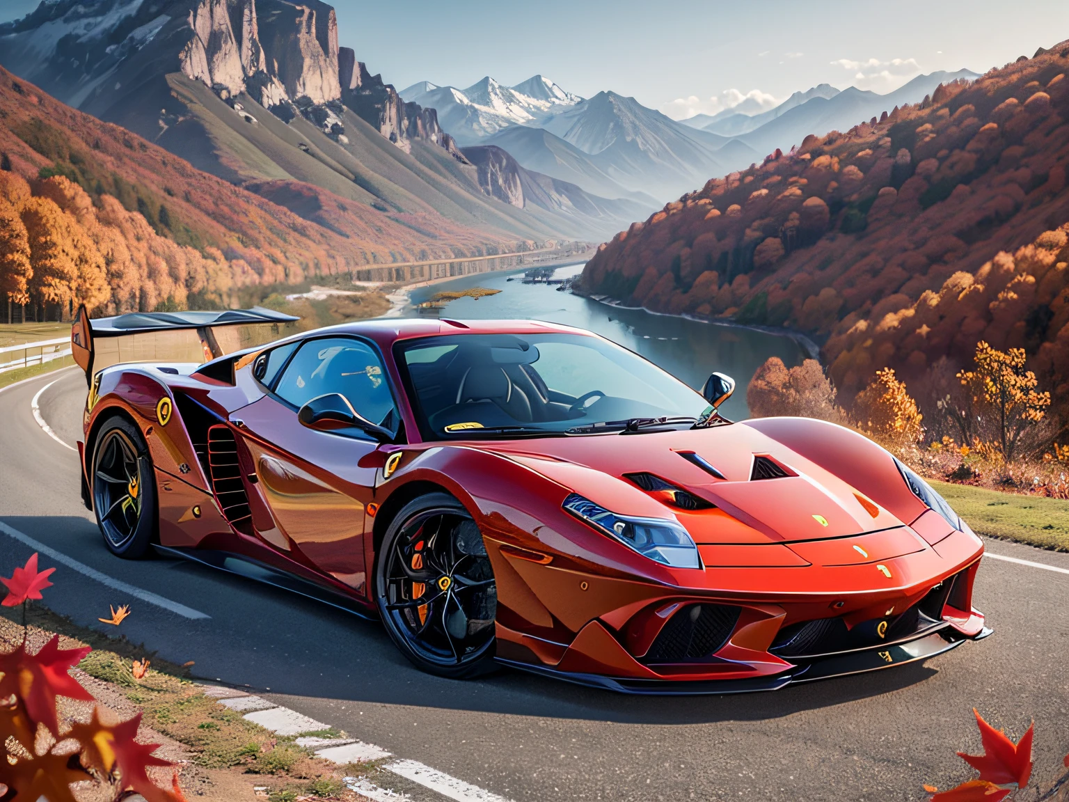 超A high resolution、An ultra-high picture quality、8K、Detailed details、marvelous expression、Late autumn valley、Beautiful autumn leaves、A red sports car that runs brilliantly on a circuit built along the mountains、((Ferrari Testarossa))