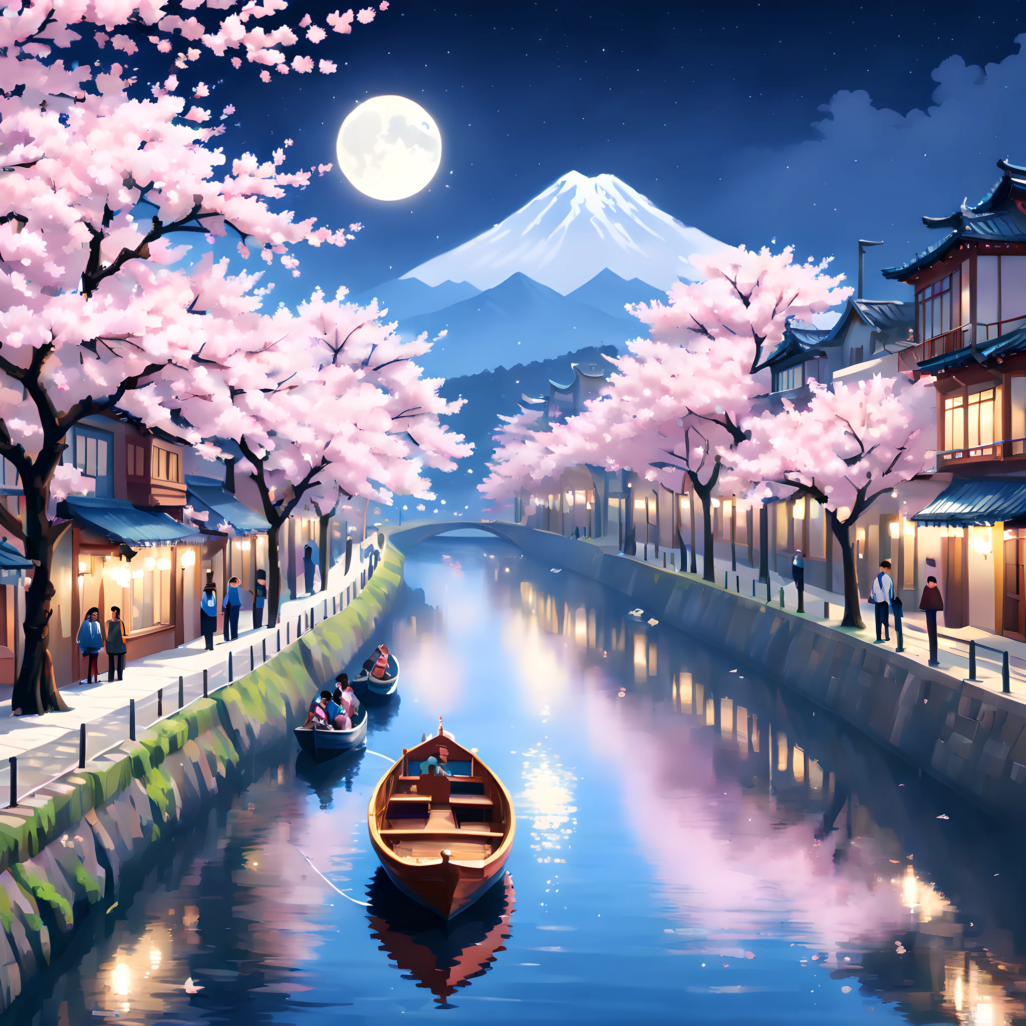 (Cherry blossom And Street:1.5),(landscape:1.5), (Pixel art:1.5), (pixel theme:1.5), (fantasy:1.5), (beautiful scenery:1.5),(landscapes:1.5),(cherry blossom trees:1.5),(boat:1.5),(centered on river street:1.5)(A path lined with flourishing cherry blossom trees:1.5),(spring:1.5),(river street:1.5),(the boat riding couple:1.5),(1900s:1.5),(Meiji:1.5),(Civilization and civilization:1.5),(People watching cherry blossoms々:1.5), (beautiful scenery pixel art illustration:1.5),(night:1.5),(moonlight:1.5),(best quality:1.5),(masterpiece:1.5),