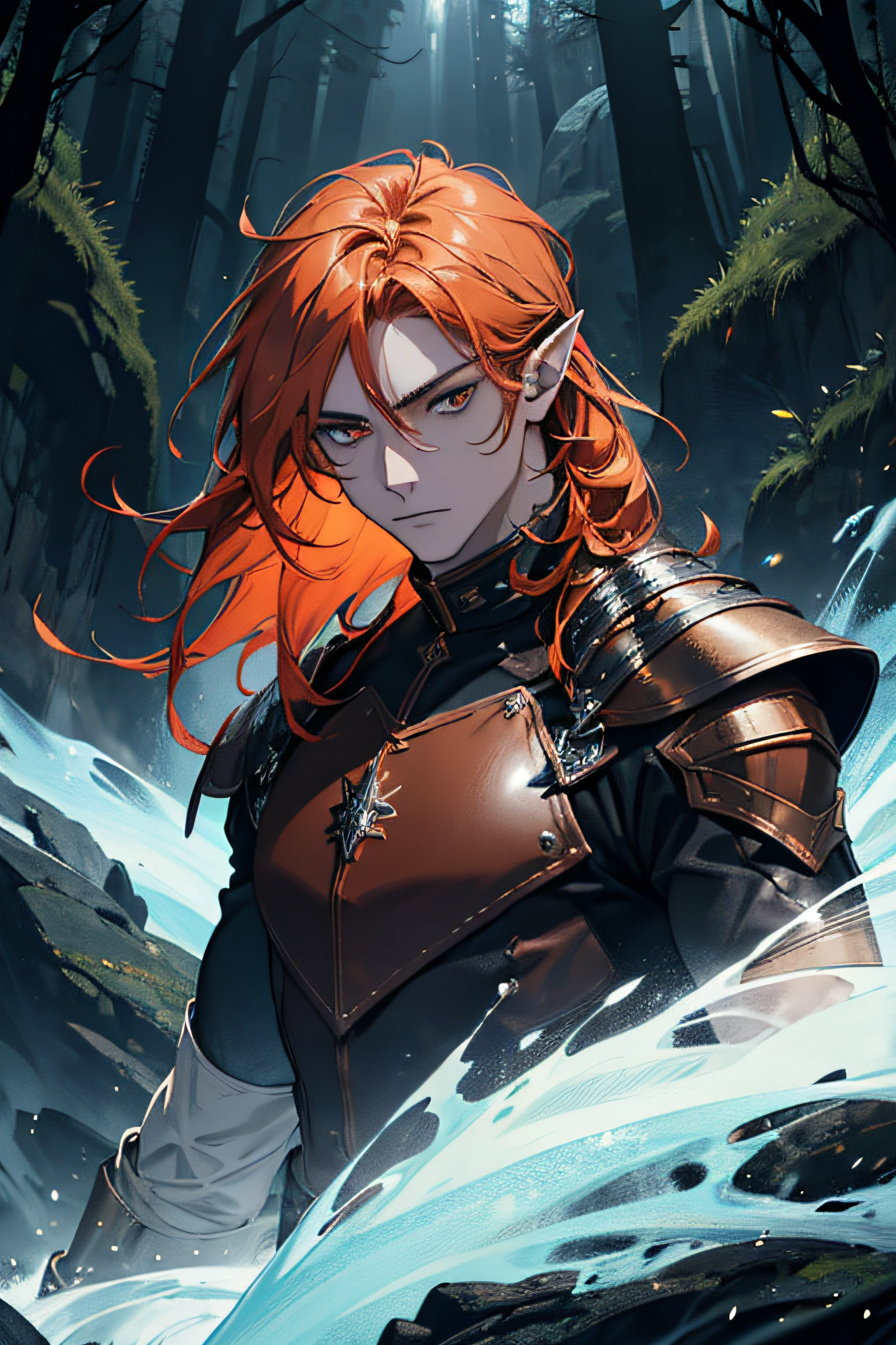 (absurdres, highres, ultra detailed), 1 man, adult, beautiful, pointy ears, long orange hair, honey eyes, detailed face, finely detailed eyes, fantasy, dark brown clothes, war mage, leather armor, strong, muscular, ice sparkles magic, fantasy forest, badass pose, dark theme, cinematic lighting, cloudy sky