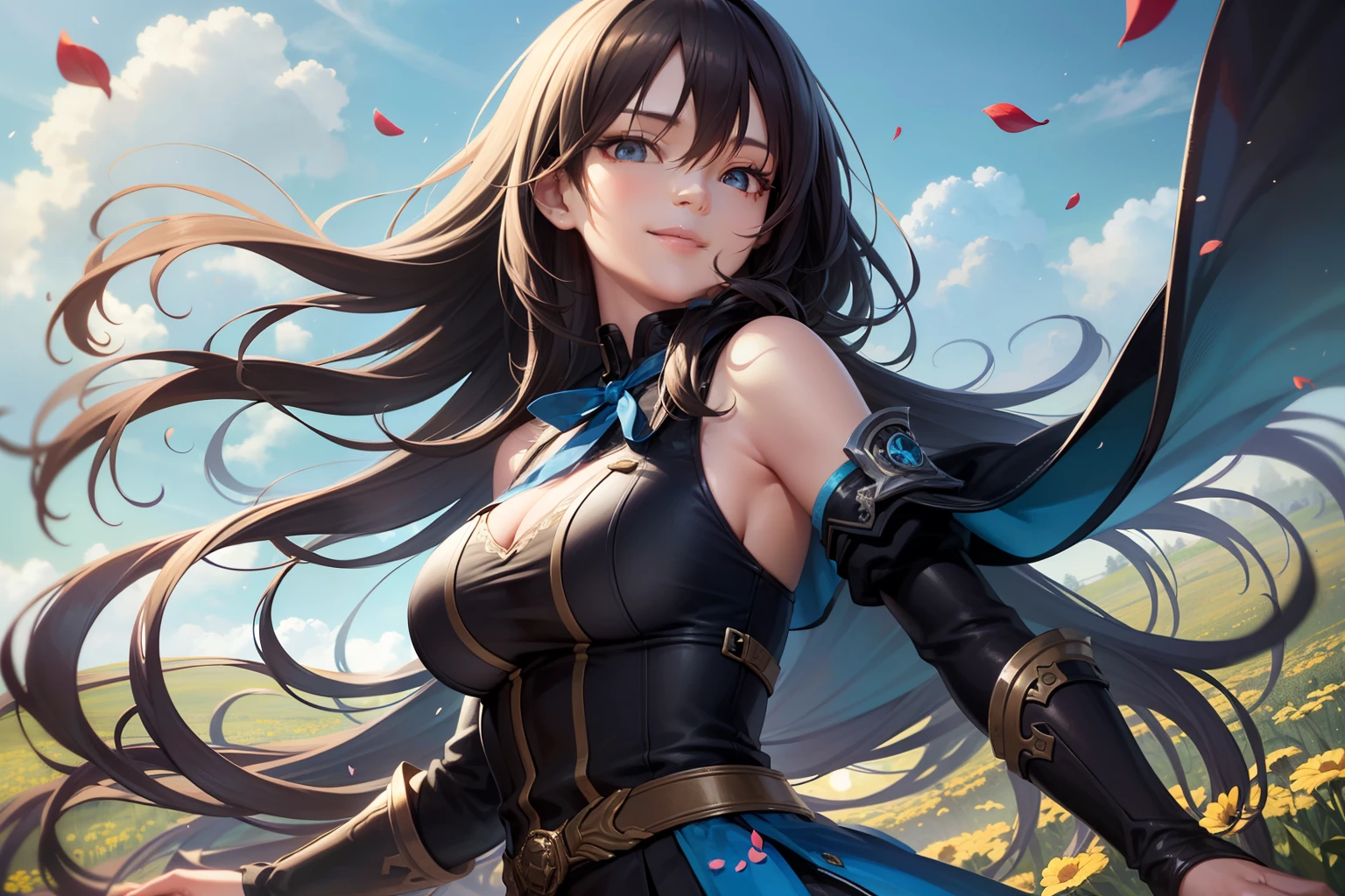 Masterpiece, Real, Ultrareal, Best Quality, Rinoa, Long Hair, Black Hair, Arm Warmer, Sleeveless Coat, Black Shirt, Blue Skirt, Arm Ribbon, Upper Body, From the Side, (Smile), Wind, RAW Photography, Delicate, (Complex Details:1.3), Hyper Detail, Fine Detail, Colorful, Dark Shadows, One Girl, Solo, 8K UHD, Film Grain, (Photorealistic:1.3), (Detail Skin:1.2), Beautiful Detailed Eyes, Skin Texture, Sunshine, Meadow, Flowers, (Sky Petals, Falling Petals,)