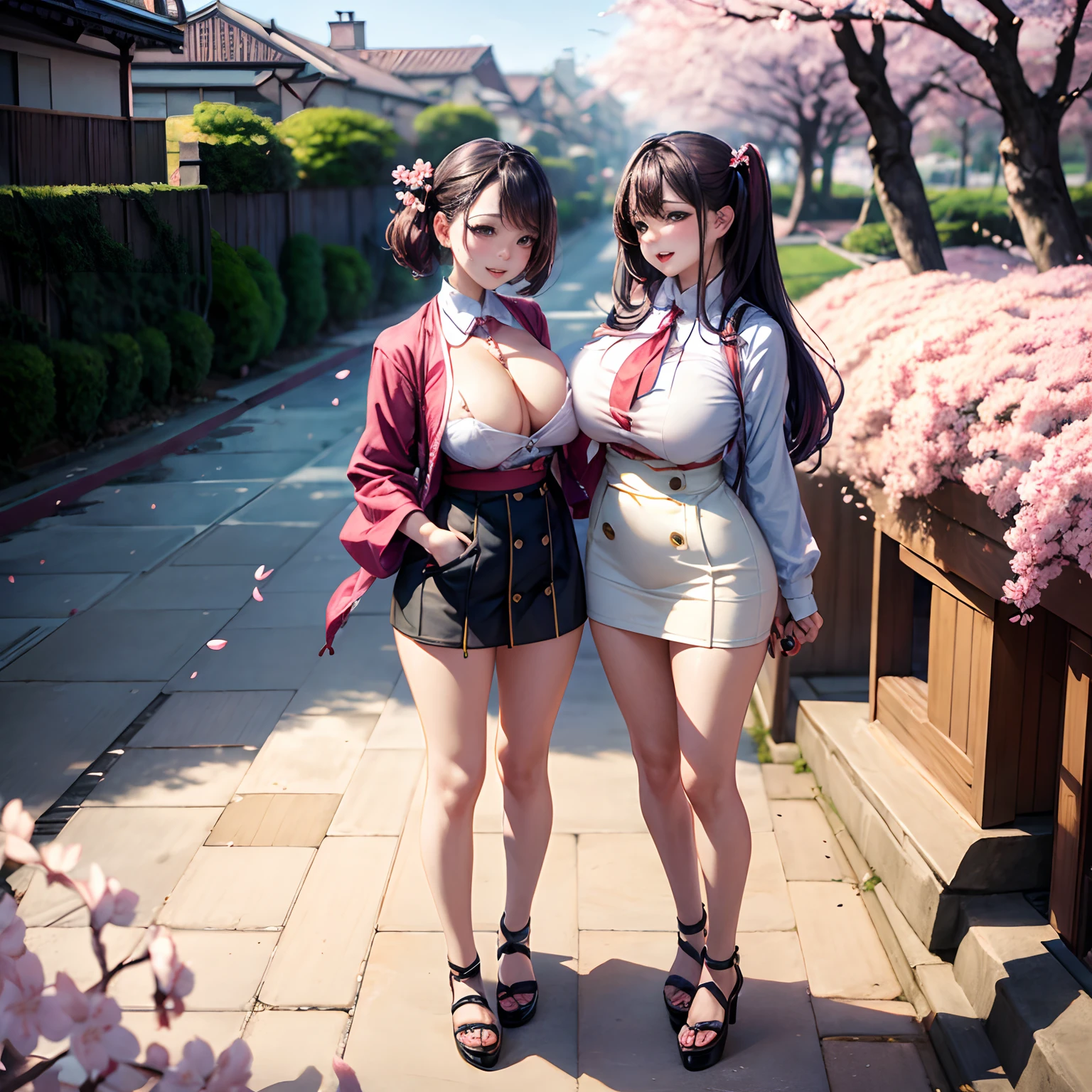 (Cherry blossom:1.2) And Street, 2 busty women on the street, looking at the cherry blossoms, full body shot, giga_busty