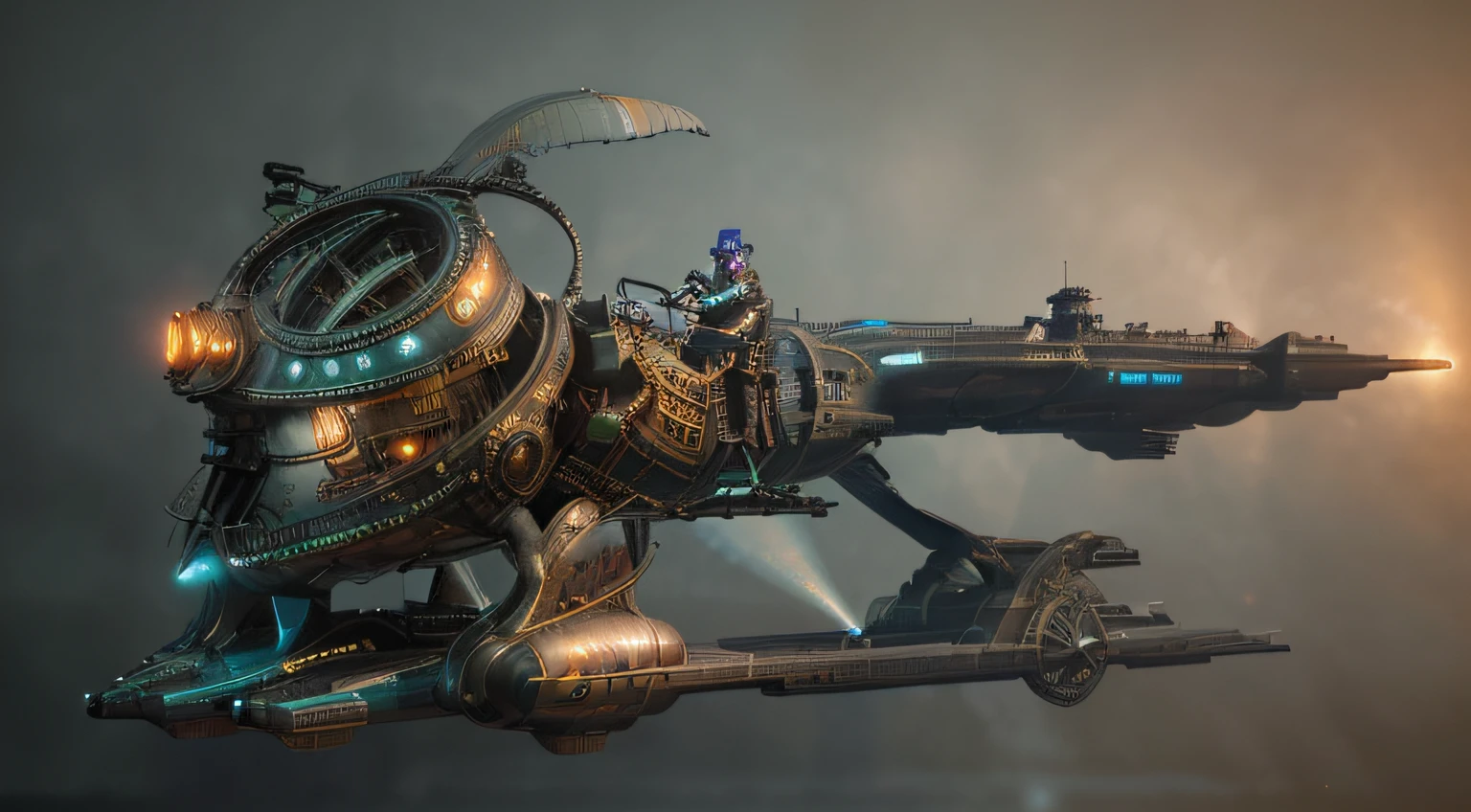 An airship that blends cyberpunk and steampunk,3D rendering is a seamless blend of futuristic and retro elements,The airship is decorated with neon lights and intricate brass details,High-tech and Victorian design、The perfect combination of steam power propulsion and advanced technology,A floating masterpiece that represents the best of both worlds,A richly detailed concept of cyberpunk and steampunk blending in the sky