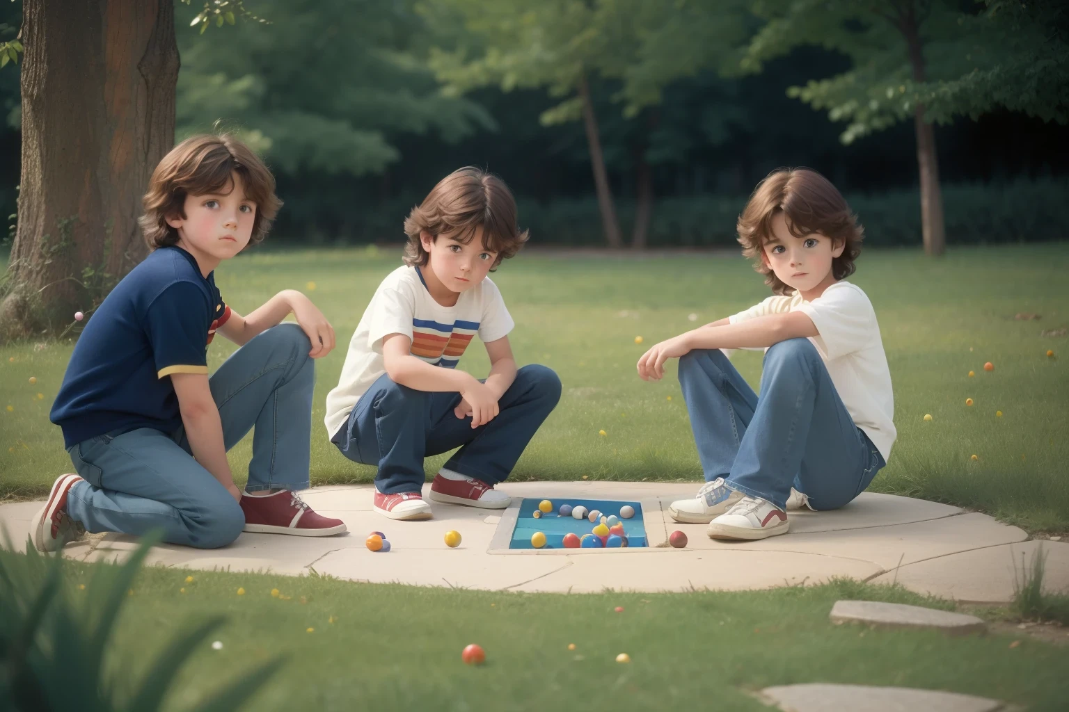 Year: 1988. Location: Northern Spain. two pre-raphaelite 11-year-old boys, disheveled hair, elementary school, recess, playing marbles, casual clothes, jeans, ((("OMITB" cinematography)))