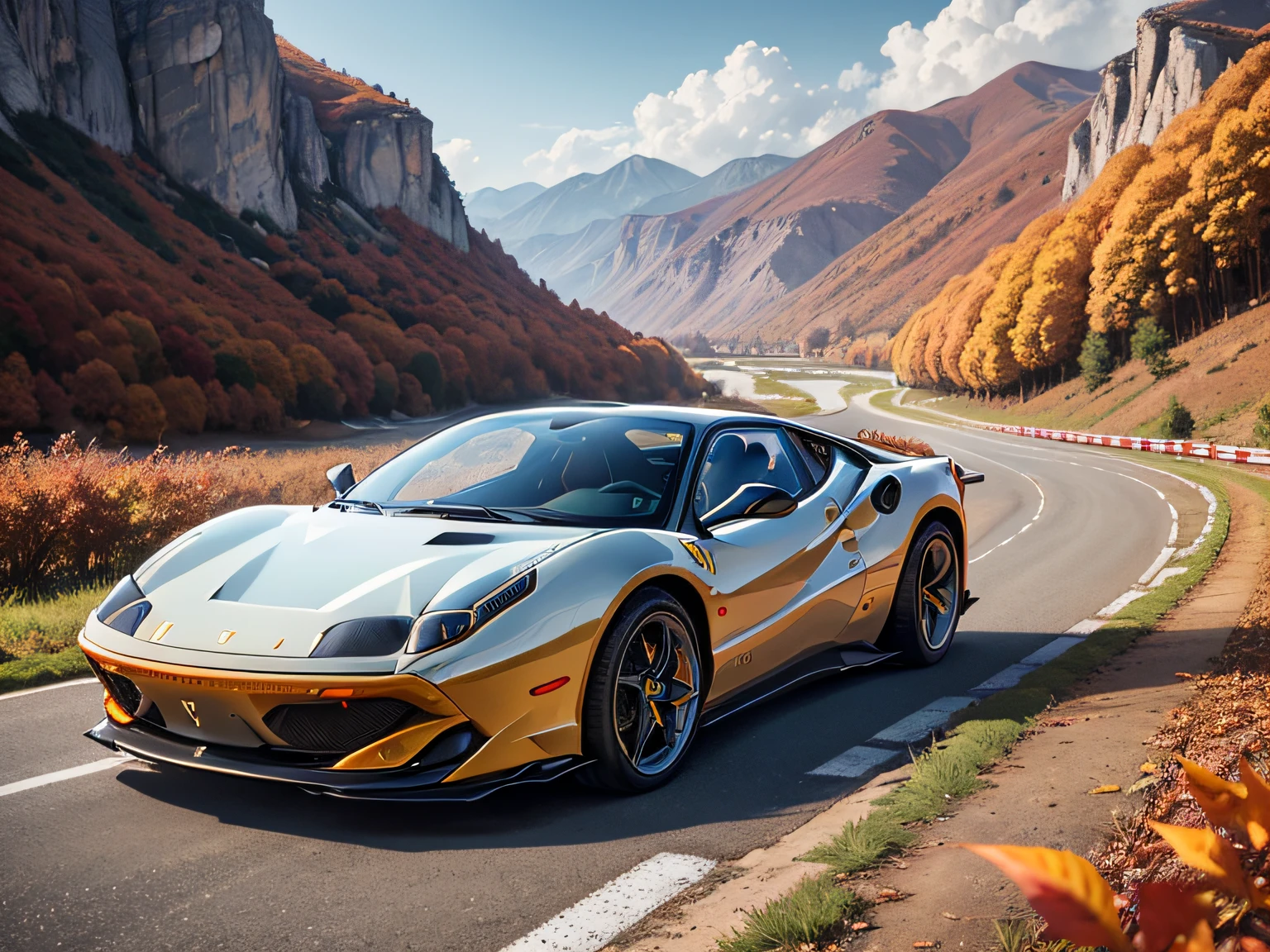 超A high resolution、An ultra-high picture quality、8K、Detailed details、marvelous expression、Late autumn valley、Beautiful autumn leaves、A red sports car running vividly on a circuit built along the mountains、((Ferrari 308GT))