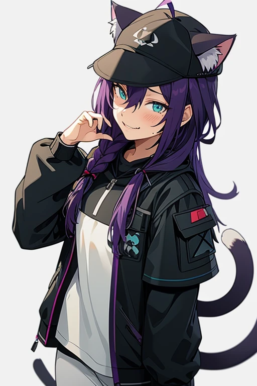 long hair, mole under mouth, purple hair, single braid, hair between eyes, aqua eyes, sharp teeth, ahoge, blush, smile, cowboy shot, outfit-skyline, 1girl, solo, black headwear, cat ears, looking at viewer, white background, cat tail, simple background, hat, headset, bangs, eyes visible through hair