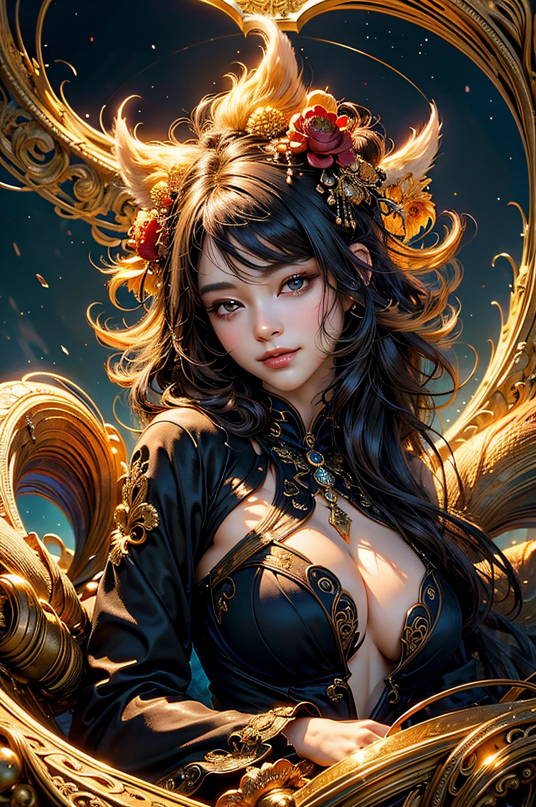 (​masterpiece、top-quality、top-quality、Official art、Beautifully Aesthetic:1.2)、(1girl in)、ighly detailed、(Fractal Art:1.3)、colourfull、highestdetailed　Black Nine Tail Fox　Golden background　Soft smile　breasts are large　Soft expression　A smile　brack　Hair Wave　Facing the front　Hair is spreading