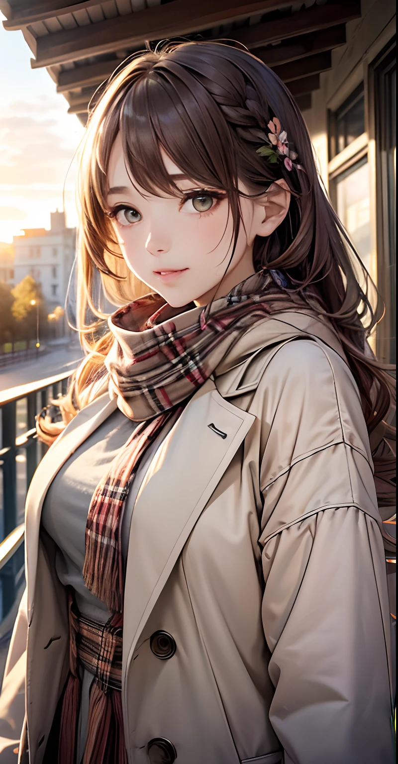 (masterpiece),(top-quality:1.2),1girl in,(masuter piece:1.3),exquisitedetails, Highest quality 8K resolution, Ultra-detailed, Realistic, Vibrant colors, Soft tones, With warm and gentle lighting,(Beautiful plaid scarf:1.3),(Preet Pink Ruffled Ribbon Dress,) (Brown long coat:1.2) early evening,Big sunset,(Smooth Straight, brown haired:1.2),(Hair parted in the middle:1.3),(Glowing hair),(Amber eyes:1.3),White skin, hair clips,Overflowing soft and gentle feelings,(The promenade is full of flowers),The sun's rays illuminate joy and pure love, Warm golden glow,The atmosphere is full of happiness and laughter, As if celebrating love,Sticking to ultra-detailed depictions and vivid colors. In a style that blends romanticism and realism、You can feel the depth of love,color palettes,Create an ethereal atmosphere like a dream,and the lighting is soft and diffused, Shine a gentle light on your face,The artwork is a masterpiece,