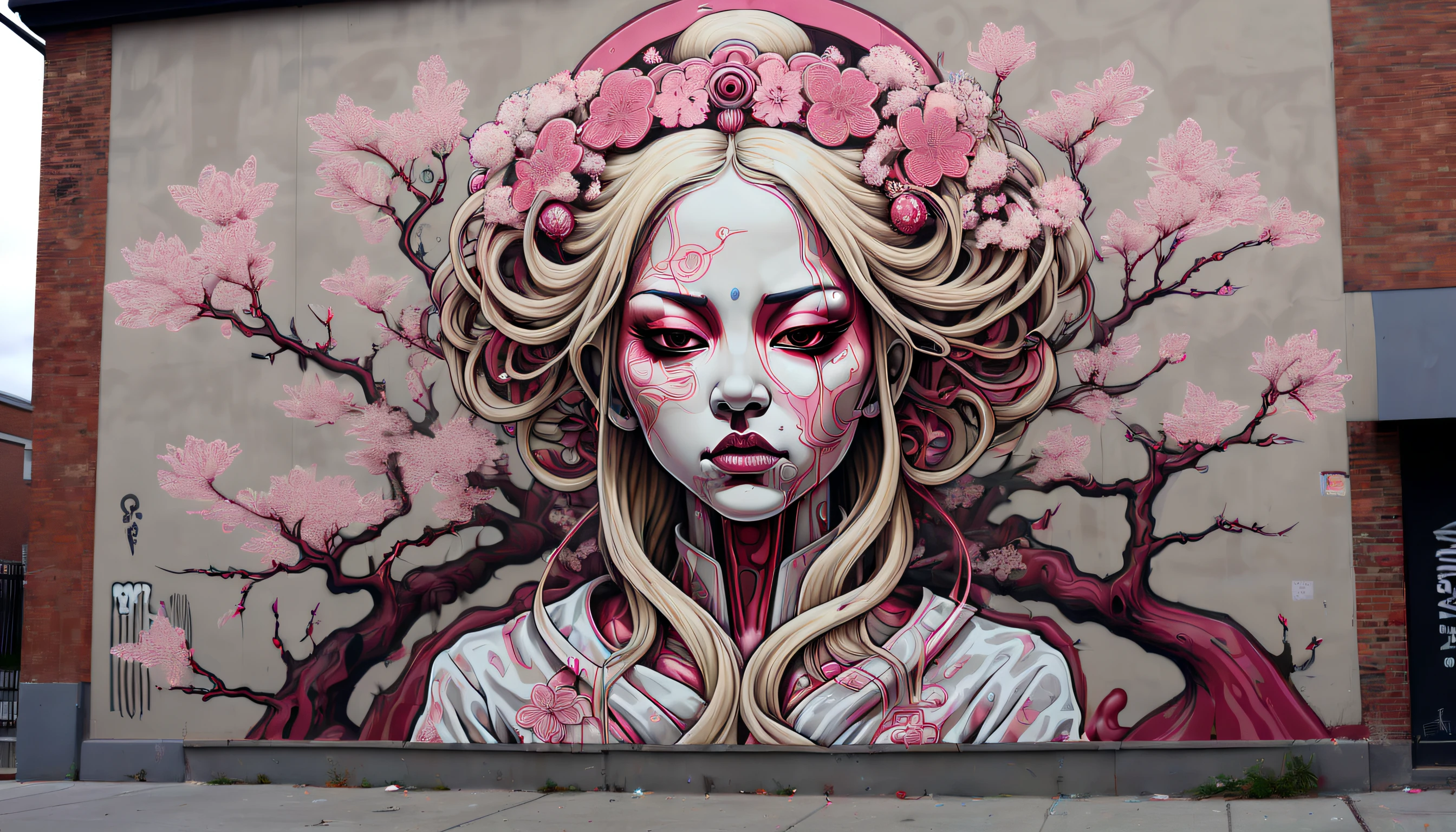 Hyperdetailed fuzzy-logic street art by (swoon : nychos: .5) entitled (" A Queen called Cherry Blossom"), Blonde Night Queen, (koan), matte, understated, (meditative: 1.2), (harmonic), cerebral, (interconnected), (introspective), psyche, balanced and reciprocal, recursive, super-symmetry, [labyrinth], concept