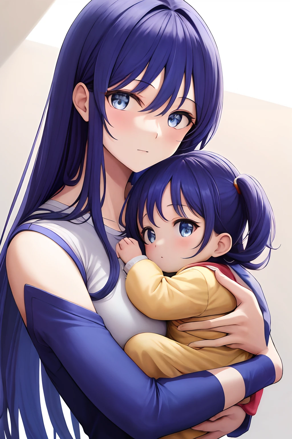 masterpiece, best quality, highres, 1girl, Mother holding 2 babies , long blue hair , starry-eyed, 1 baby in her arms and 2 baby in her soldier,