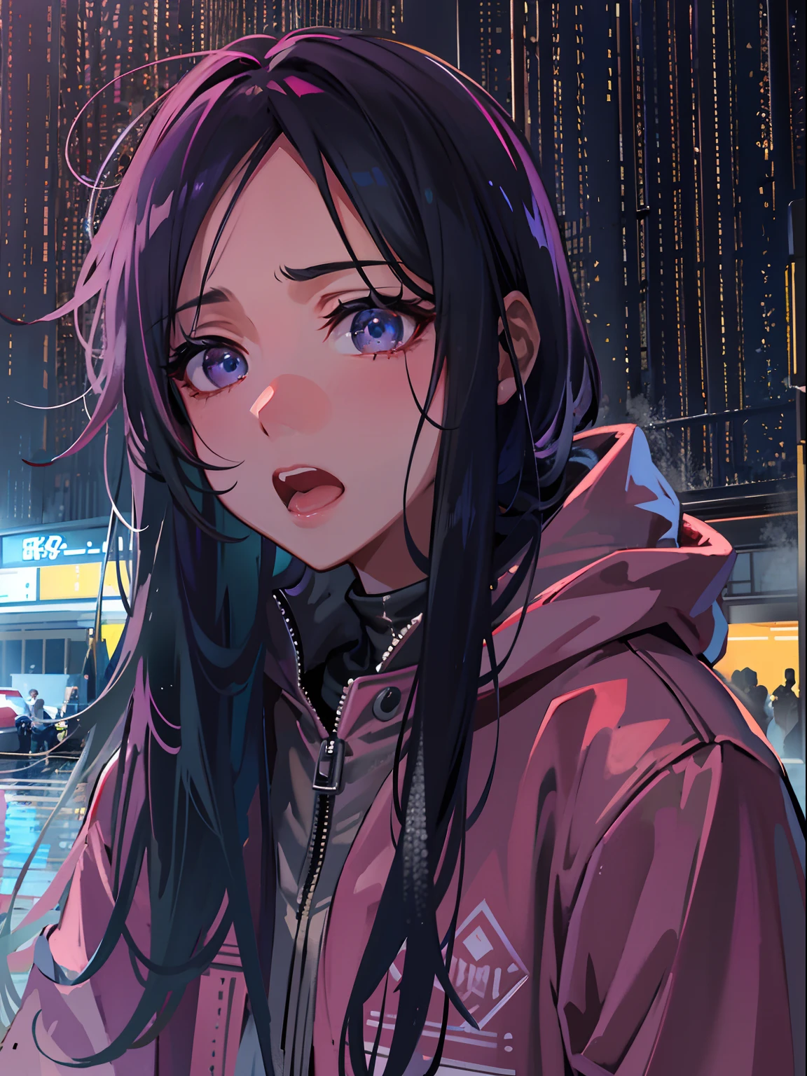 (tmasterpiece,best qualtiy:1.3),extremly high detail,复杂,8K,Solo,Clear eyes,The expression is sad,the wallpaper,cinmatic lighting,hoody, Short pleated skirt, the street, exteriors,heavy rain, neonlight