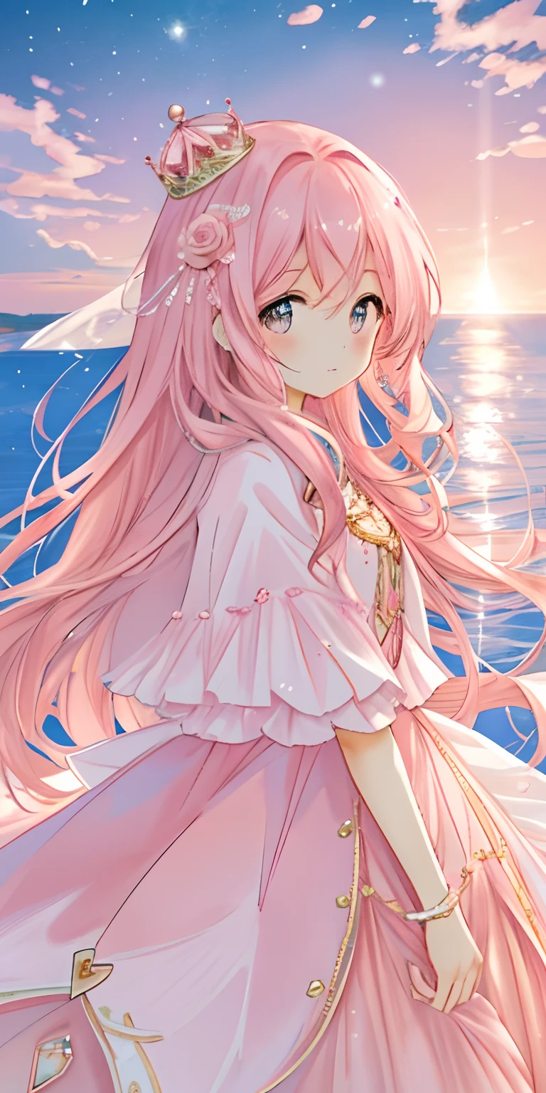 pink moon, pink sky, soft pink clouds, pink sea waves sparkling, shimmering, pink roses in pink sea, fantasy, diamonds, crown, space, soft light,