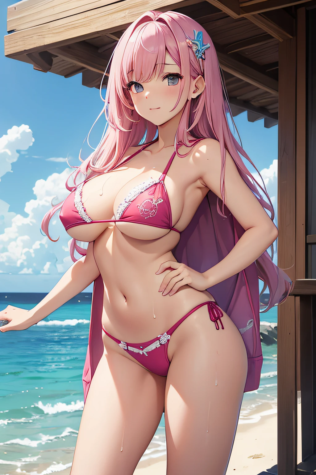 ​masterpiece、Background with（（sea side、sand beach））、、a beauty girl、Pink hair、huge tit、Detailed embroidery on the bikini、 Get on your knees、Open your crotch、sexypose、perspiring、Hair wetness