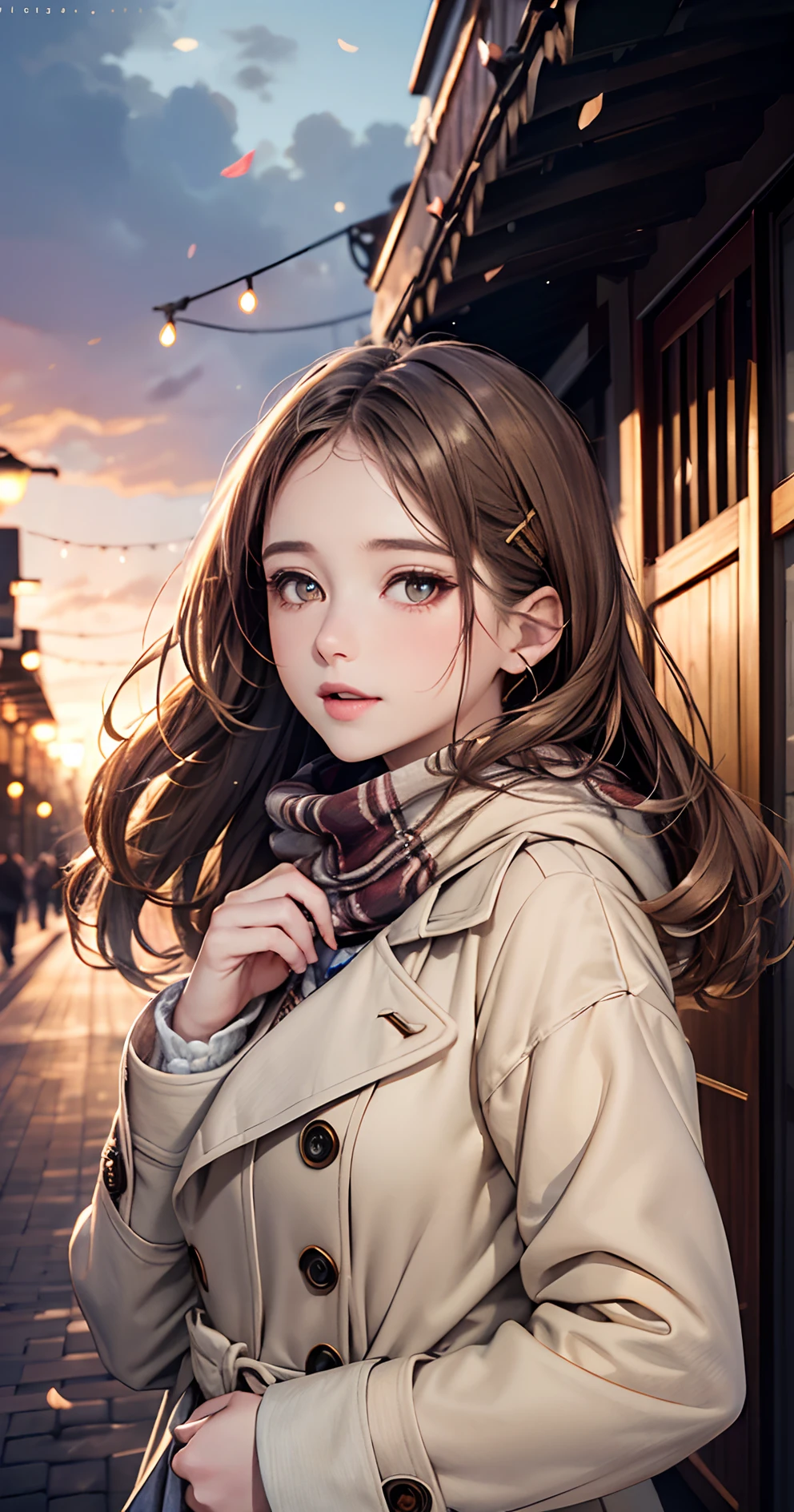 (​masterpiece),(top-quality:1.2),1girl in,(masuter piece:1.3),exquisitedetails, Highest quality 8K resolution, Ultra-detailed, Realistic, Vibrant colors, Soft tones, With warm and gentle lighting,(Beautiful plaid scarf:1.3),(Preet Pink Ruffled Ribbon Dress,) (Brown long coat:1.2) early evening,Big sunset,(Smooth Straight, brown haired:1.2),(Hair parted in the middle:1.3),(Glowing hair),(Amber eyes:1.3),White skin, hair clips,Overflowing soft and gentle feelings,(The promenade is full of flowers),The sun's rays illuminate joy and pure love, Warm golden glow,The atmosphere is full of happiness and laughter, As if celebrating love,Sticking to ultra-detailed depictions and vivid colors. In a style that blends romanticism and realism、You can feel the depth of love,color palettes,Create an ethereal atmosphere like a dream,and the lighting is soft and diffused, Shine a gentle light on your face,The artwork is a masterpiece,