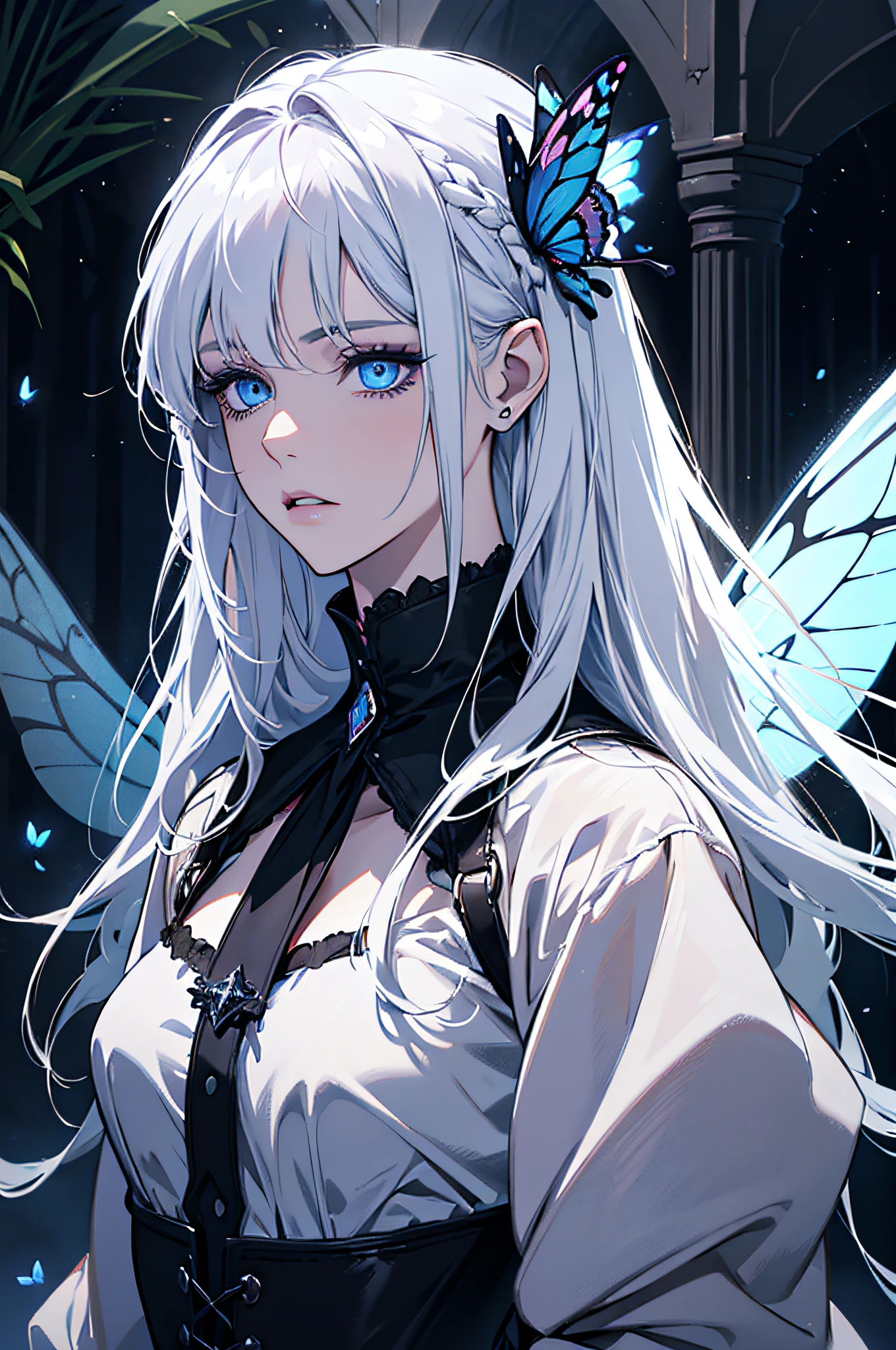 (absurdres, highres, ultra detailed), 1 woman, adult, beautiful, white girl, fairy, pointy ears, long white hair, cristal blue eyes, dark makeup, finely detailed eyes and detailed face, fantasy, night, dark theme, cinematic lighting, colorful, flying petal, cloudy sky, dark forest, black clothes, dark theme, night, dark nigth, detailed eyes, dark lighting, fairy , magic, big blue wings, butterfly wings.