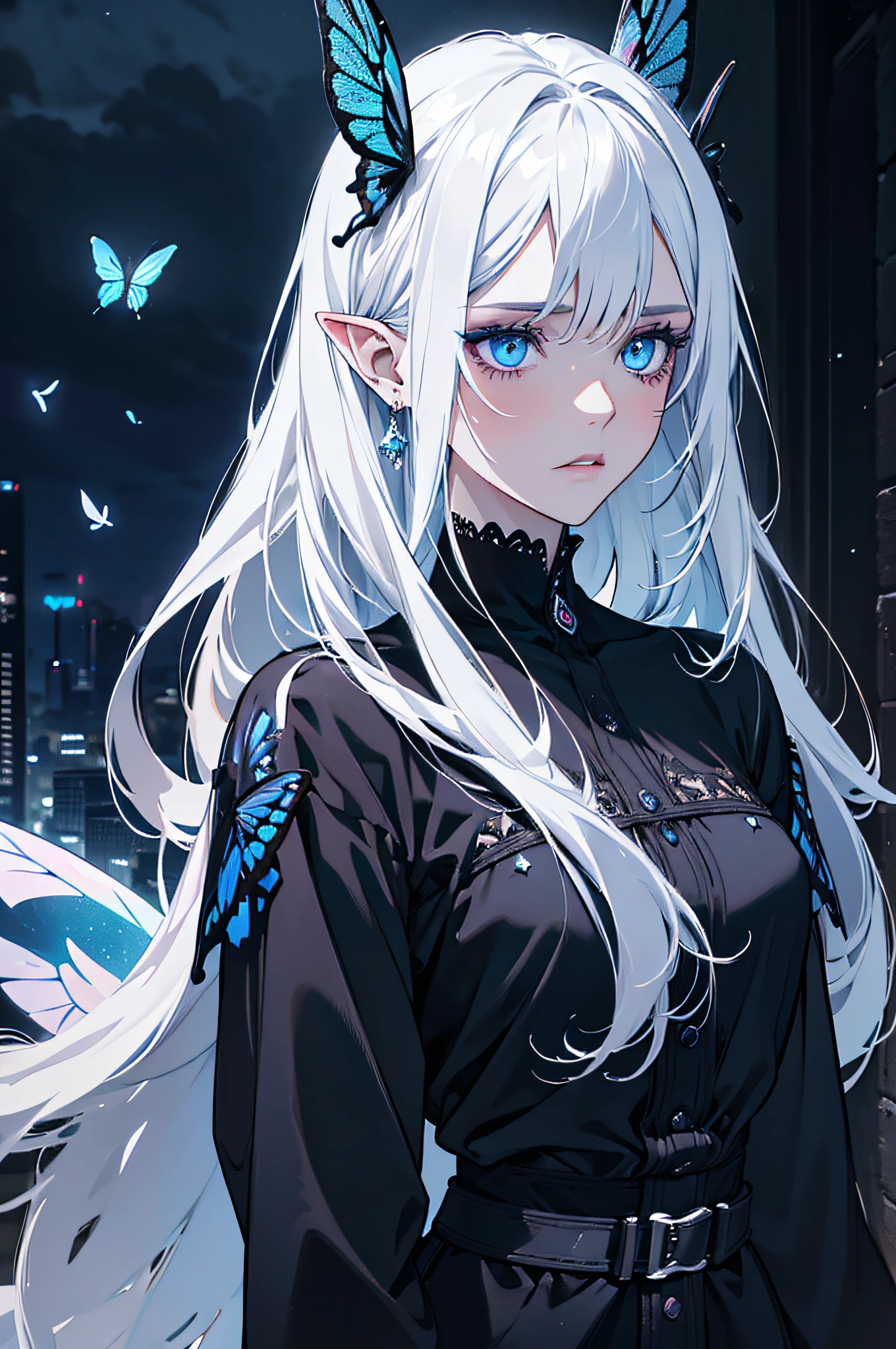 (absurdres, highres, ultra detailed), 1 woman, adult, beautiful, white girl, fairy, pointy ears, long white hair, cristal blue eyes, dark makeup, finely detailed eyes and detailed face, fantasy, night, dark theme, cinematic lighting, colorful, flying petal, cloudy sky, dark forest, black clothes, dark theme, night, dark nigth, detailed eyes, dark lighting, fairy , magic, big blue wings, butterfly wings.