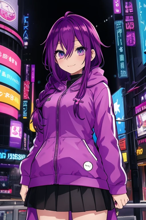 long hair, mole under mouth, purple hair, single braid, hair between eyes, aqua eyes, sharp teeth, ahoge, blush, smile, cowboy shot, denonbu art style, neon lights, cyberpunk, LED, cityscape, cinematic angle, synthwave, 1girl, solo, cool, sexy, detailed eyes, hoodie, hood down, skirt, coat, open clothes