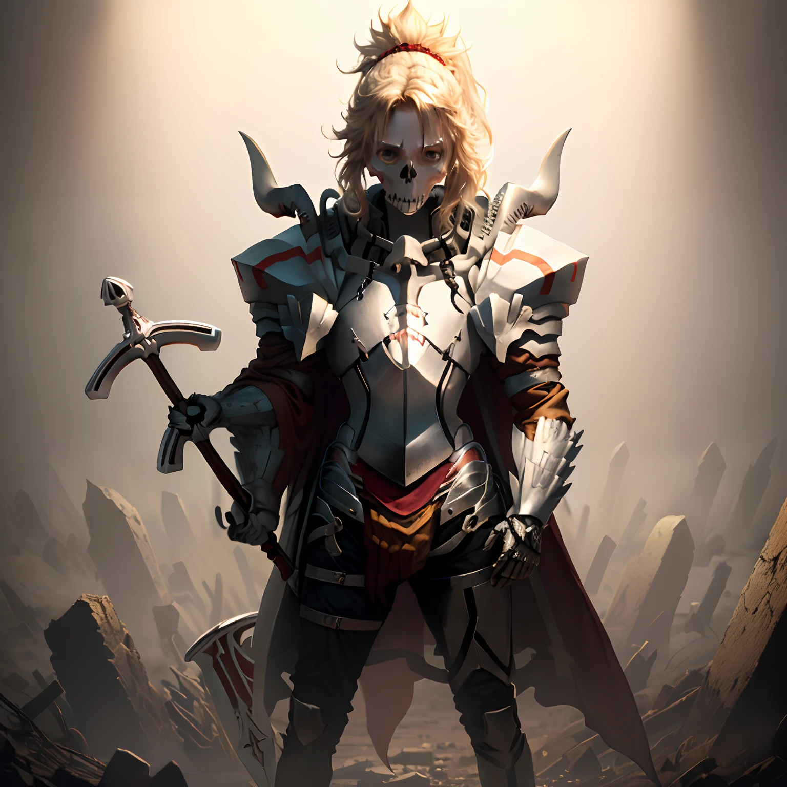 skeleton, holding bone sword, cute, standing, with X scar on it's skull, wearing a brown cloth as pants, chain on it's neck