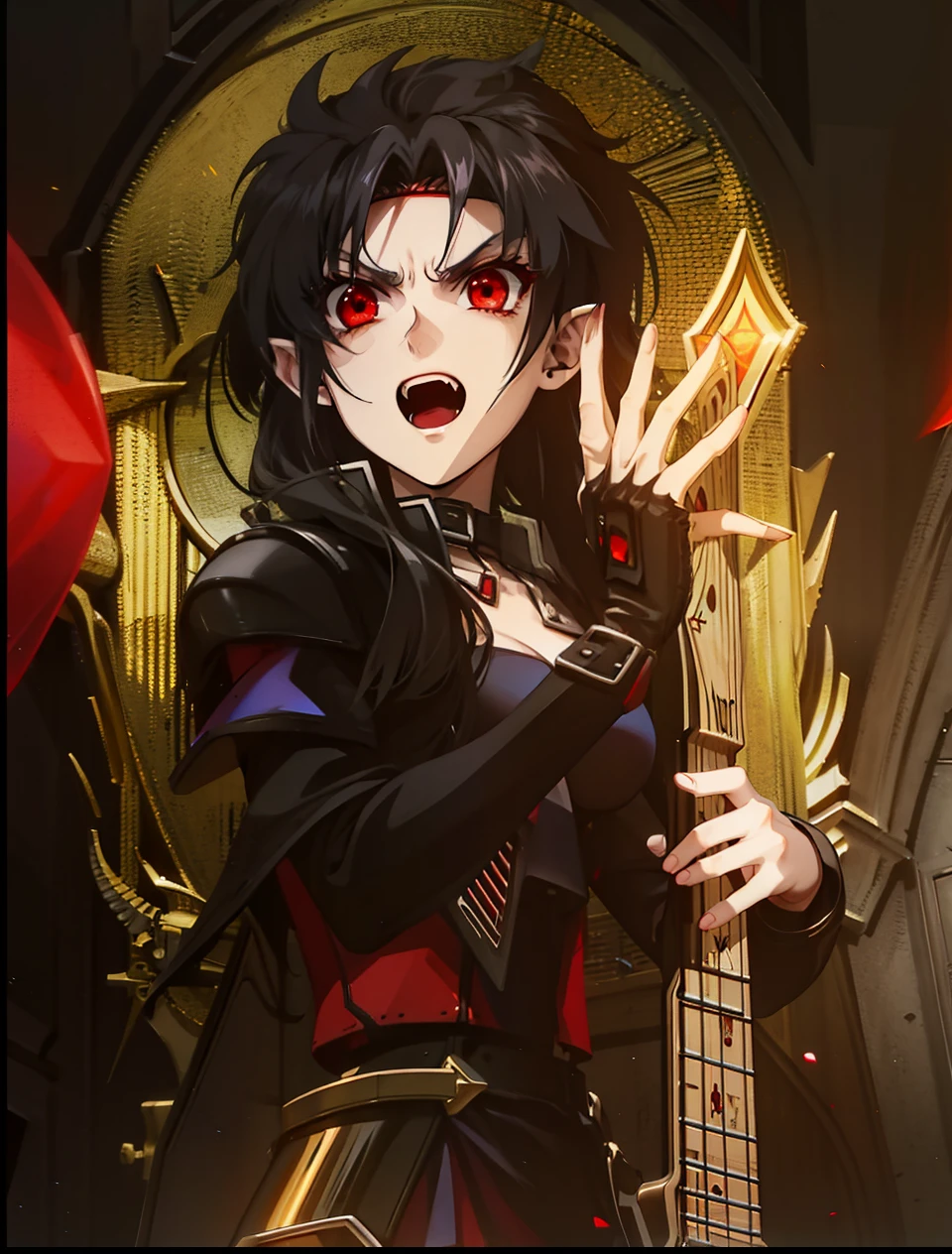 Girl,pointy ears,red eyes,dressed in armor,vampire,4k, holding a guitar
