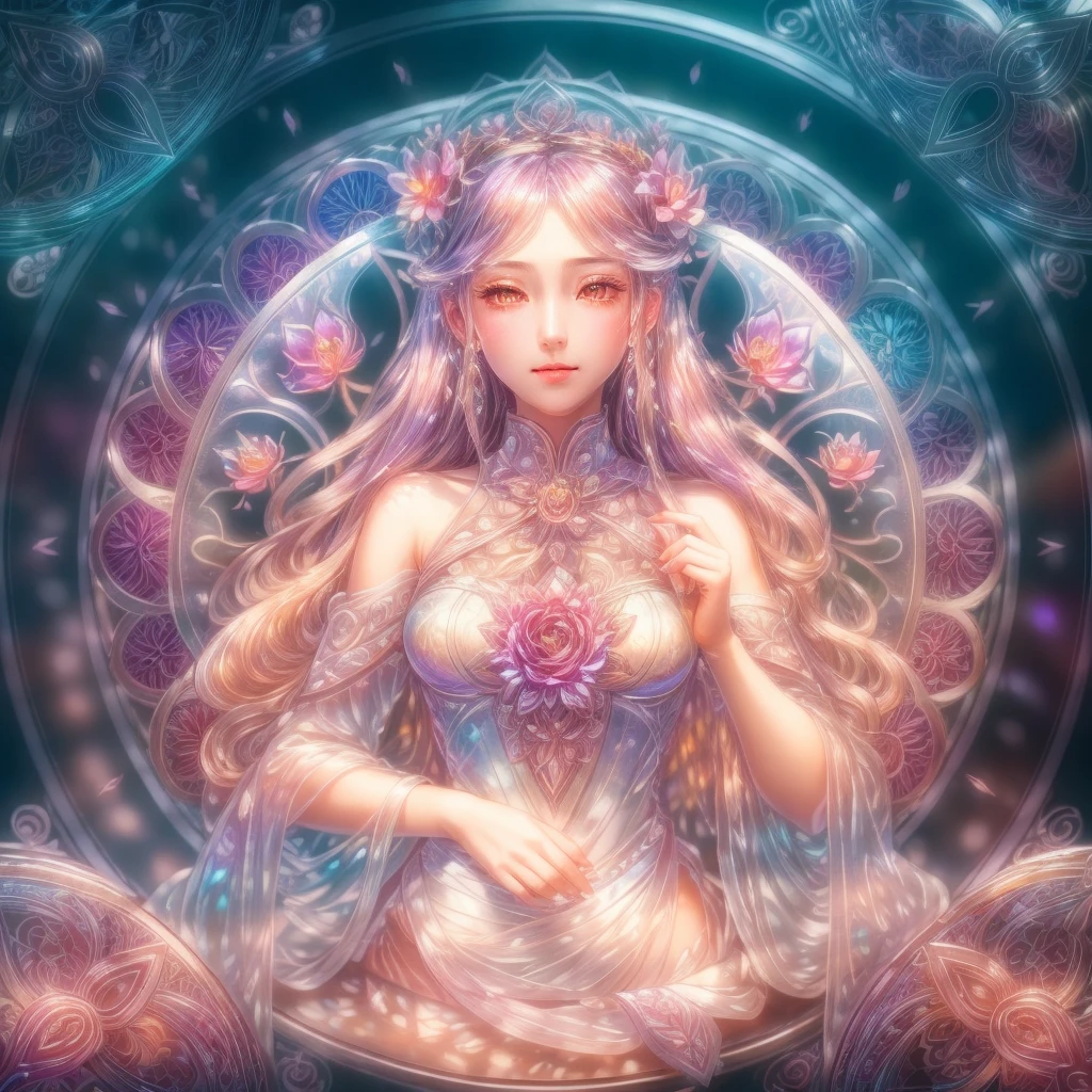 a drawing of a woman with long hair and a flower in her hair, Goddess. Extremely high detail, Refined art,Lotus Princess, (Best quality,8K,Extreme detail,Photorealistic:1.2),Delicate lilac branches,Translucent,Divine light,Spectacular spectrum,Glowing petals,glimmering,Dark-toned background,transparent droplets,reflective light,vibrant,Bloom rays,lightwave,Silhouette portrait,Sharp focus,mistic,complex,Hyperrealistic,Fantastical,composition,Ethereal,ArtStation Trends,Pearlescent luster,Hazy silver guardian clouds,Corroded enveloping ray family,Unreal AR 23v4 Dome Light，