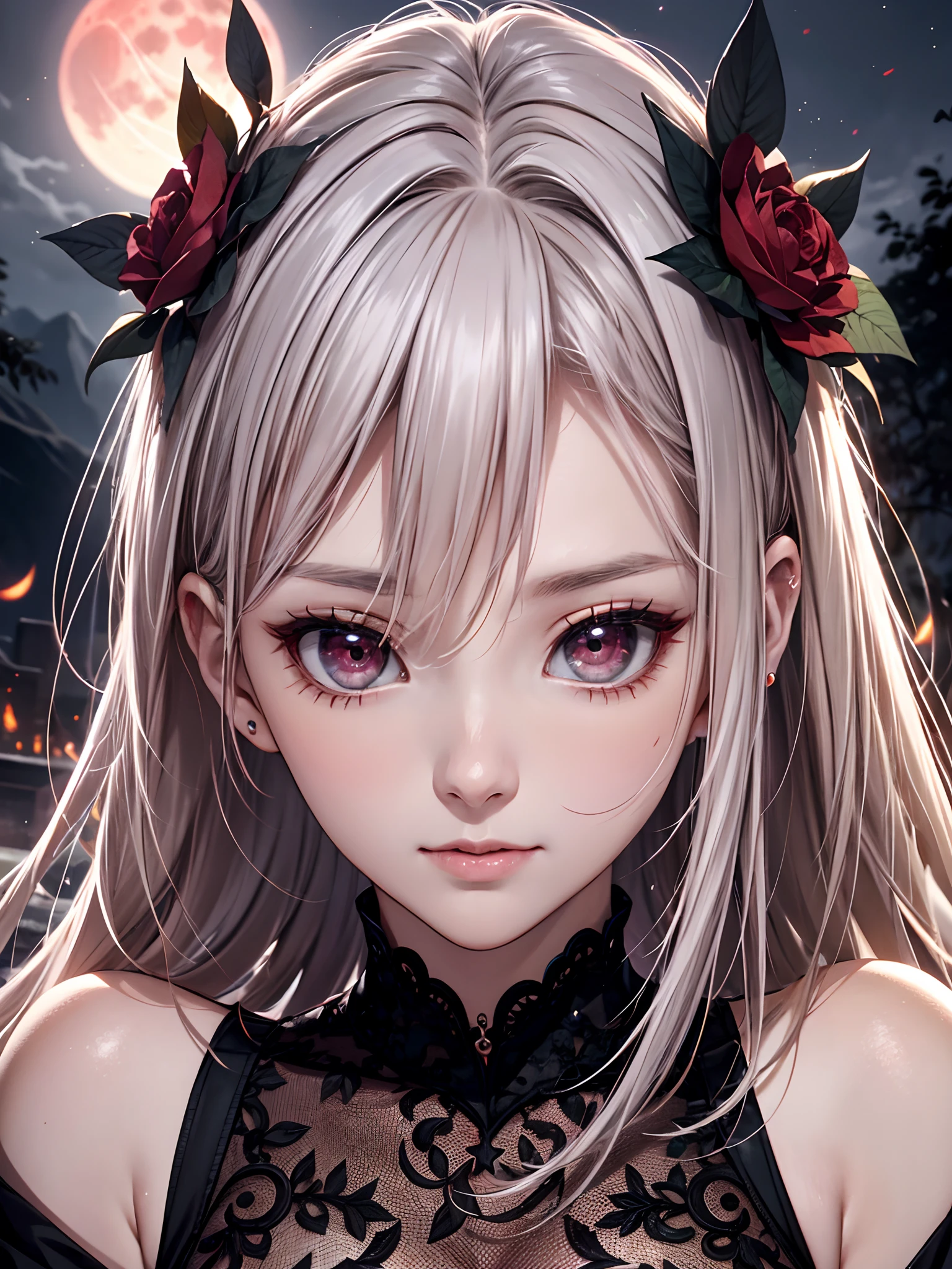 absurderes, ultra-detailliert,bright colour, extremely beautiful detailed face and eyes,top-quality、masutepiece、horor、Valley、cabelos preto e longos、red eyes、Return blood、Ruins、starrysky、Red Moon