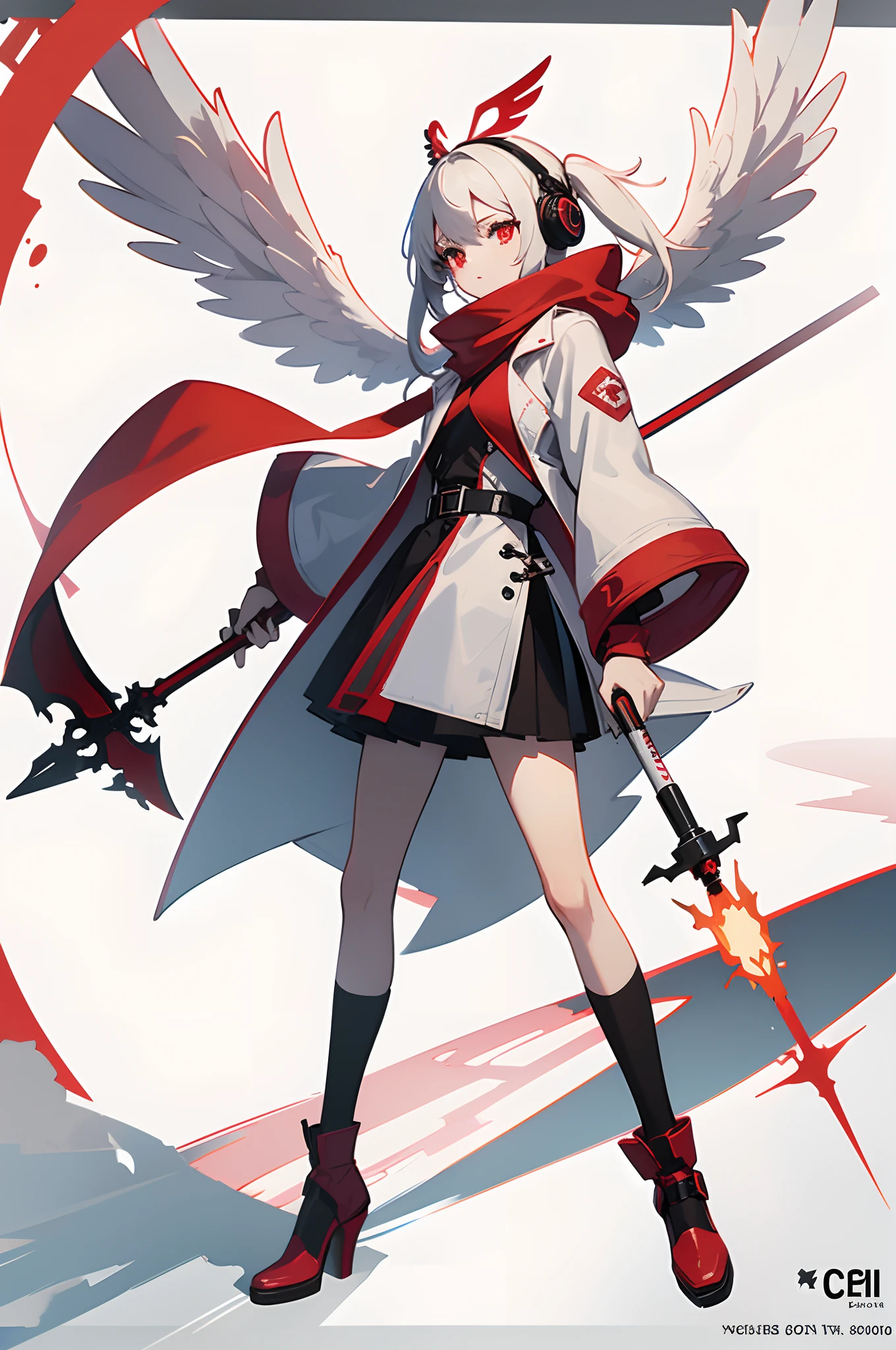 teens girl,White hair,Red glowing eyes, sportrait, photorealestic,(Red and white trench coat),Red scarf,a black pleated skirt,black t-shirts,longer sleeves,((With a hood))Red and white headphones,((Multiple pairs of angel wings)),side-lighting, the wallpaper, NSFW, Depicting female characters from ethereal anime in a high-quality anime art style,,,8K,Red and white shoes with a sense of technology,Technology-enabled headsets