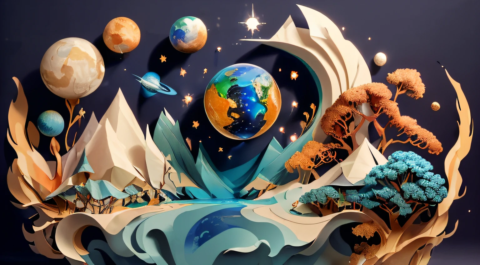 (((Masterpiece))),Best quality, illustration, earth, water ,Fire, Wind , space , Paper_cut,