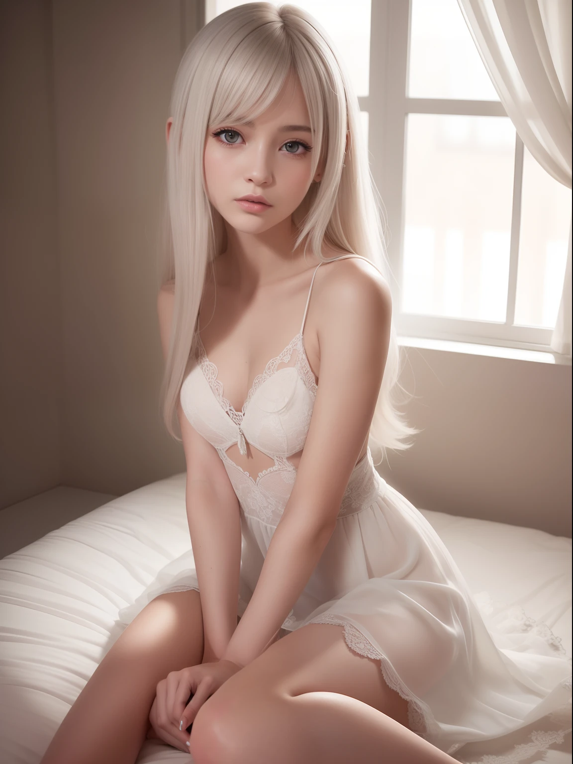 animification,(Illustration 1:1),masutepiece, Best Quality, Extremely detailed, cinematic lightening, intricate detailes, hight resolution, Official art,Illustration, Dense beautiful face and eyes, High resolution illustration, 8K, depth of fields, Bokeh, Solo, 1girl in, Girl with white hair and red eyes, long white hair, Beautiful red eyes, ,Very small breasts,Very small,Delicate body,Skinny Legs,Princess style,Longer dress,high-heels,Sleep on a plush curtain bed,