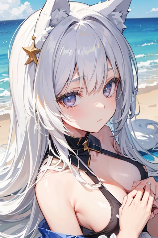 Highly detailed, 8K, Masterpiece, 1girll, long white hair,Silver eyes,Wolf ears, in a bathing suit ,laying on a beach , (Perfect_face), rays of sunshine, 4K,Portrait