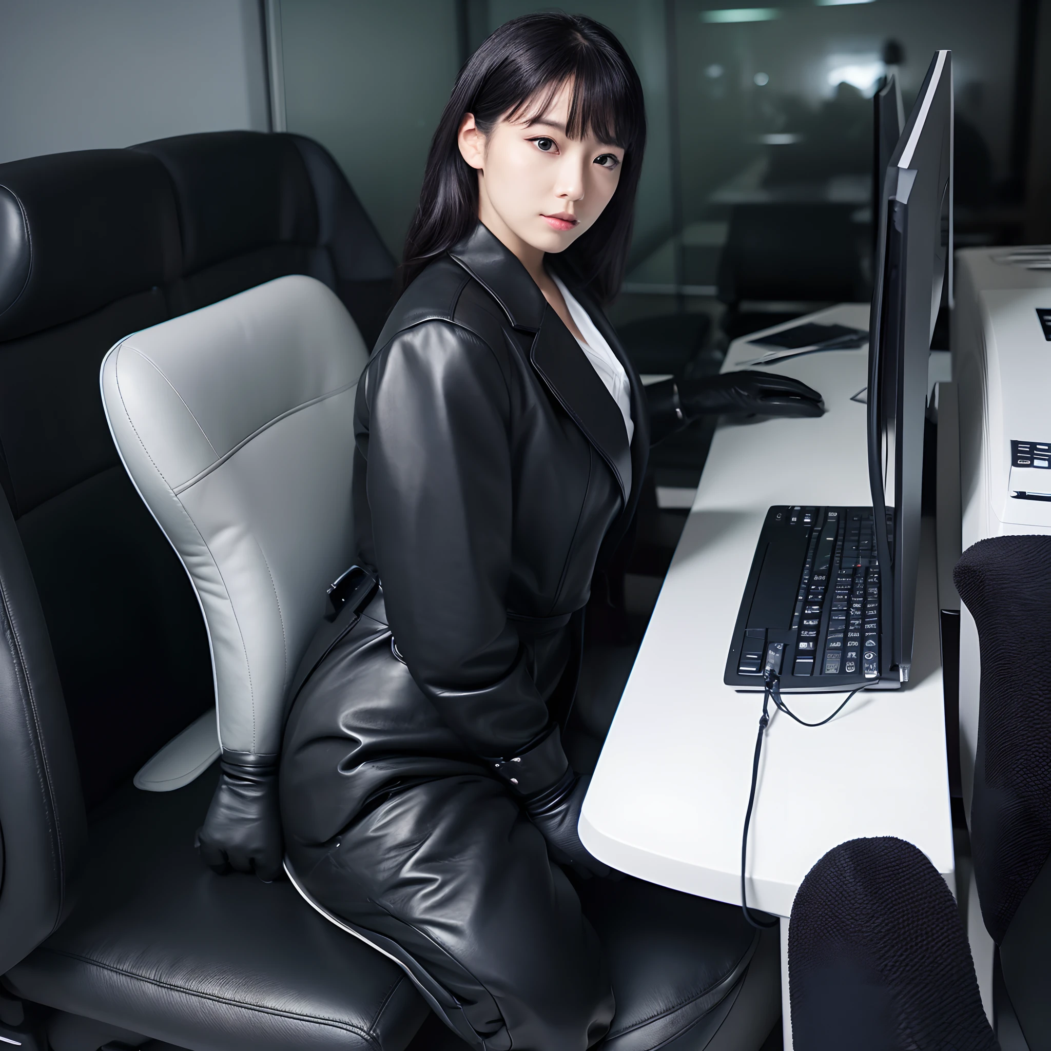 Wearing a black business pantsuit, Office in the Dark, facing a desk、While looking at the screen, tap the keys on the black laptop keyboard with the fingertips of the black leather gloves,Sitting on a large chair with a black leather backrest、 Black hair was tied back for a long time, Japan Female New Employees (Black leather gloves cover both hands) (The angle is frontal)、Black leather long boots