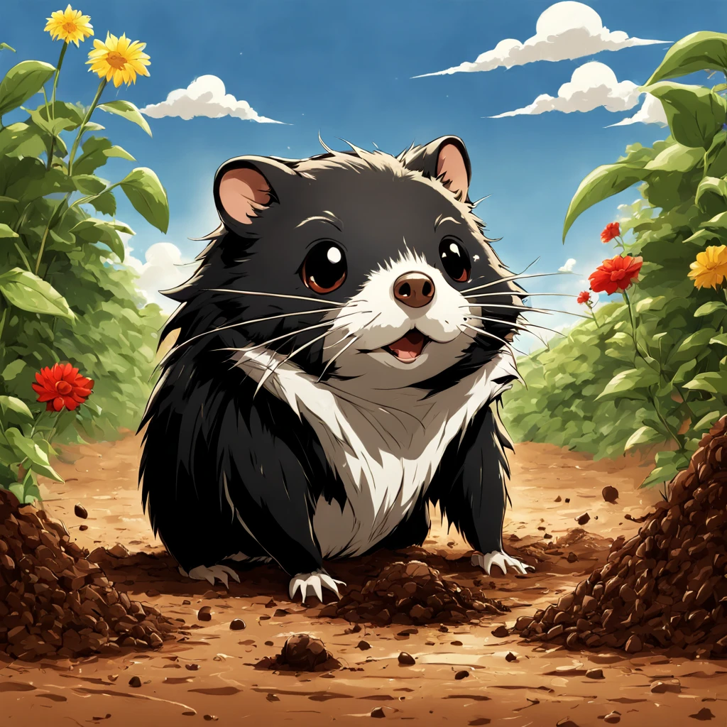 Mole drowning in the dirt throwing dirt everywhere as it struggles, in anime art style, masterpiece, best quality